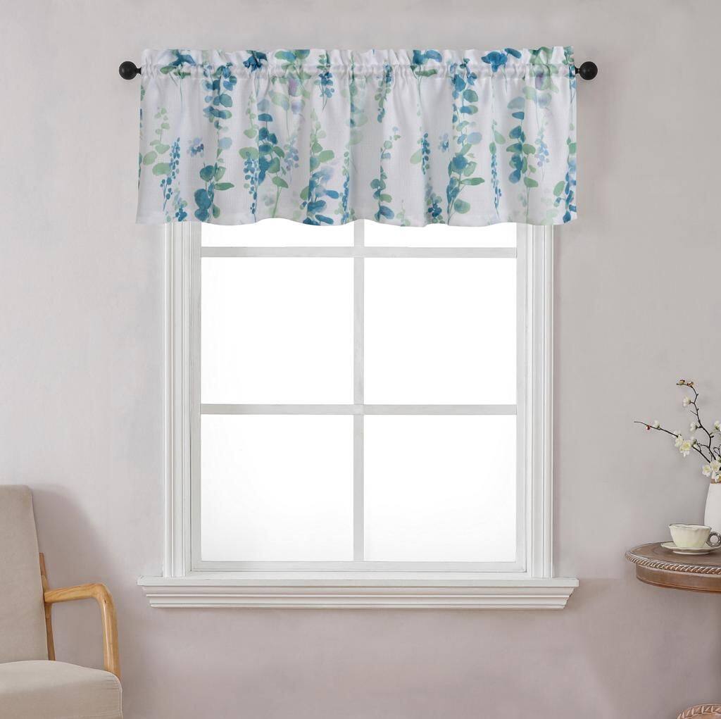 Left. Kate Aurora - Kate Aurora Watercolor Floral Lillies Complete 3 Piece Rod Pocket Kitchen Curtain Tier & Valance Set - Teal - Teal.