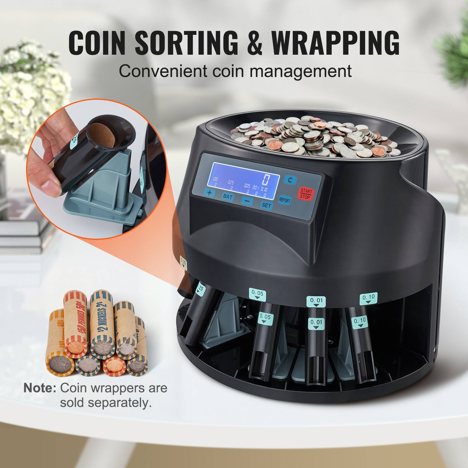 COIN SORTING & WRAPPING  
Convenient coin management  

Note: Coin wrappers are sold separately.  

BAT 2 0  
C 201 : S : 2 1  
REPORT SET START STOP  

2 NICKELS  
2 25  
0.05 0 0.05 0.01 0.01 0 0.10 0.10 0 10
