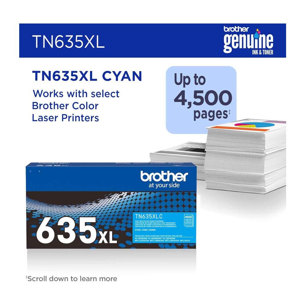 TN635XL brother genuine INK & TONER TN635XL CYAN Works with select Brother Color Laser Printers Up to 4,500 pages brother at your side TN635XLC 4500

Scroll down to learn more