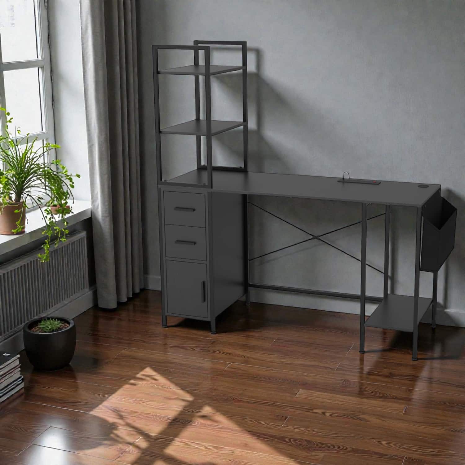 Hivvago - Modern Computer Desk with Ambient Lighting, Charging Ports, and Multi-Tier Shelving - Black