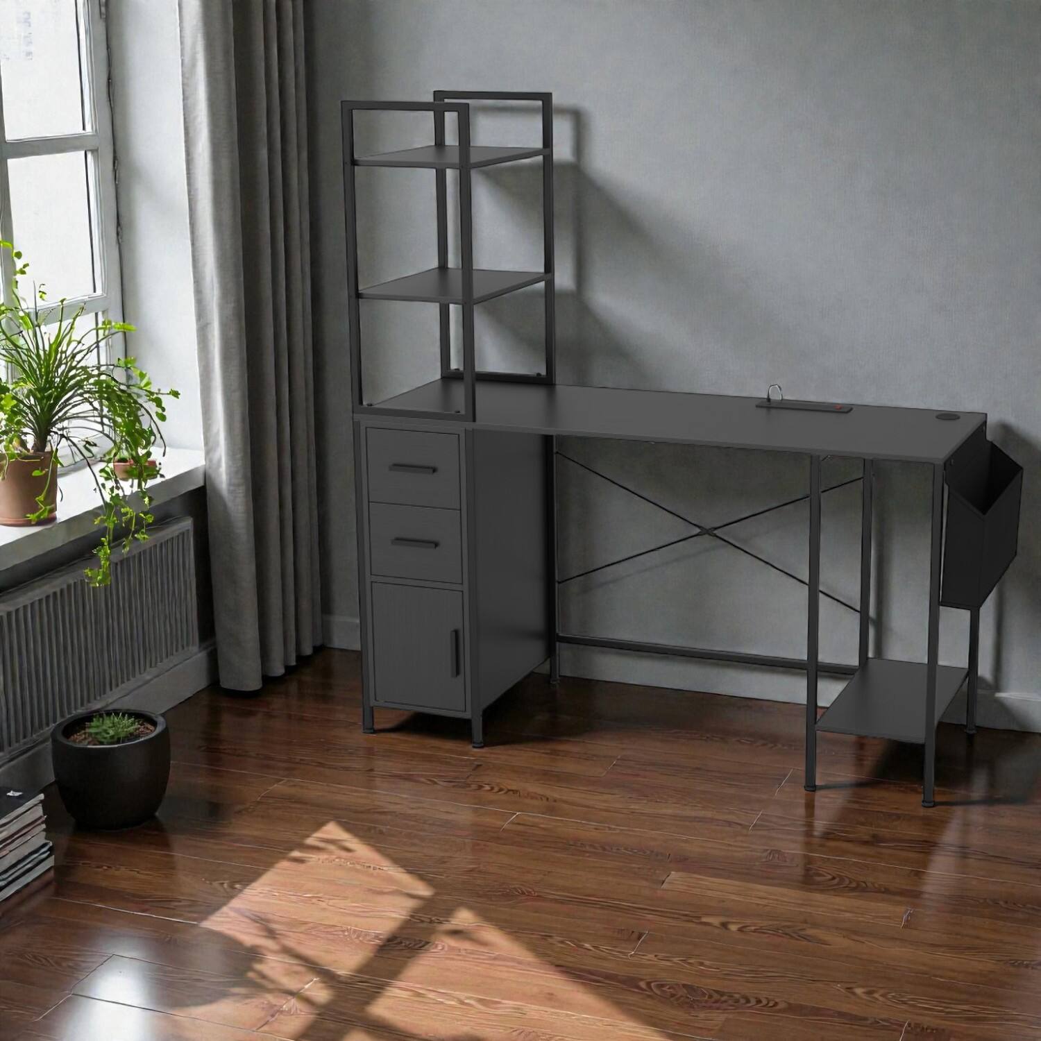 Front. Hivvago - Modern Computer Desk with Ambient Lighting, Charging Ports, and Multi-Tier Shelving - Black.