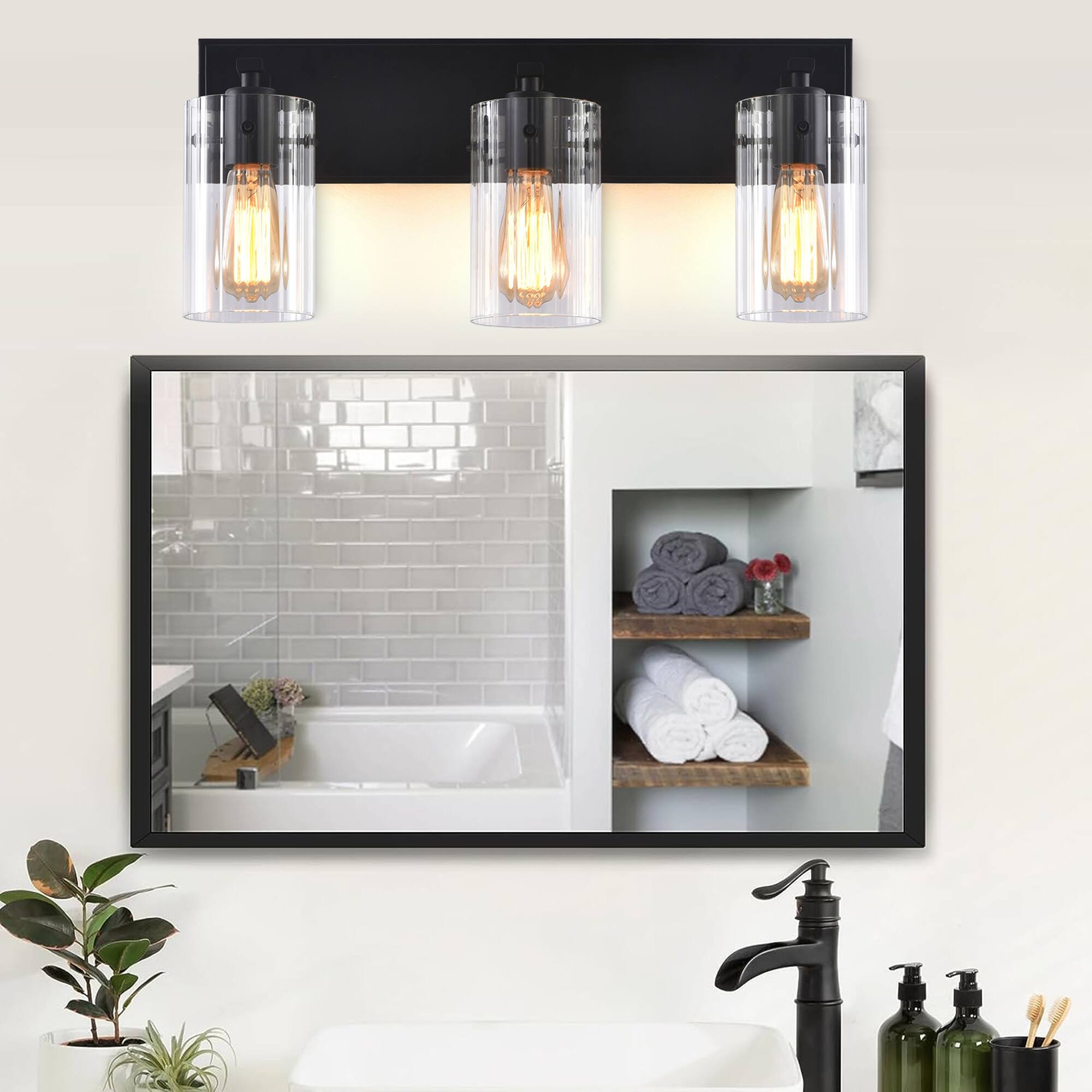 Angle. Parrot Uncle - Modern Black 3-Light Glass Dimmable Bathroom Vanity Light Fixture - Matte Black.