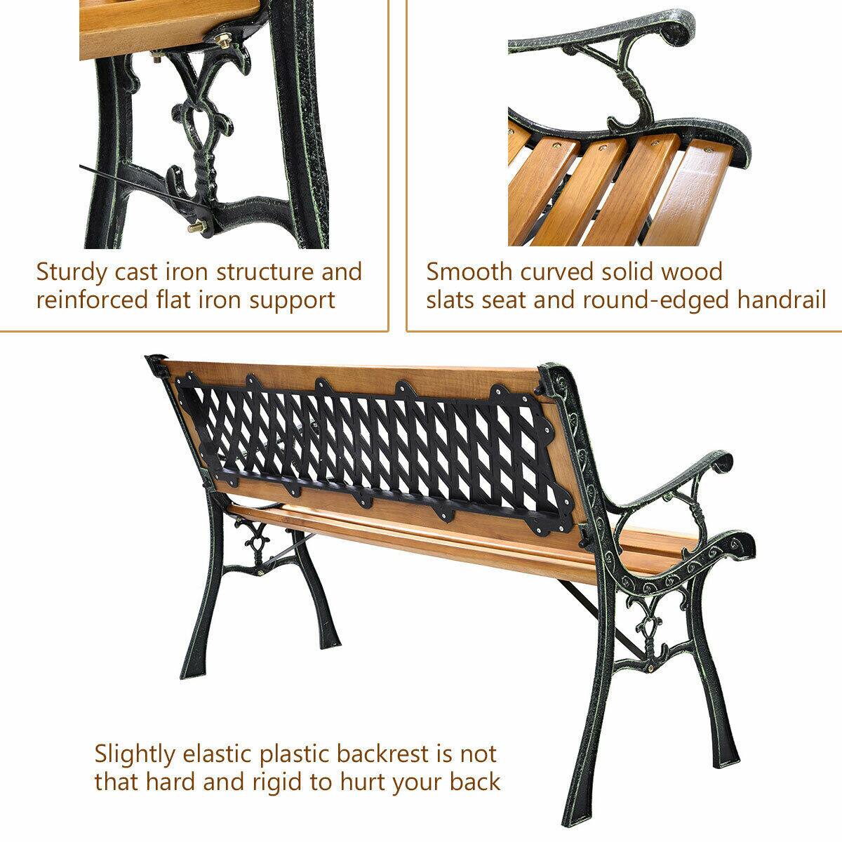 Sturdy cast iron structure and reinforced flat iron support

Smooth curved solid wood slats seat and round-edged handrail

Slightly elastic plastic backrest is not that hard and rigid to hurt your back