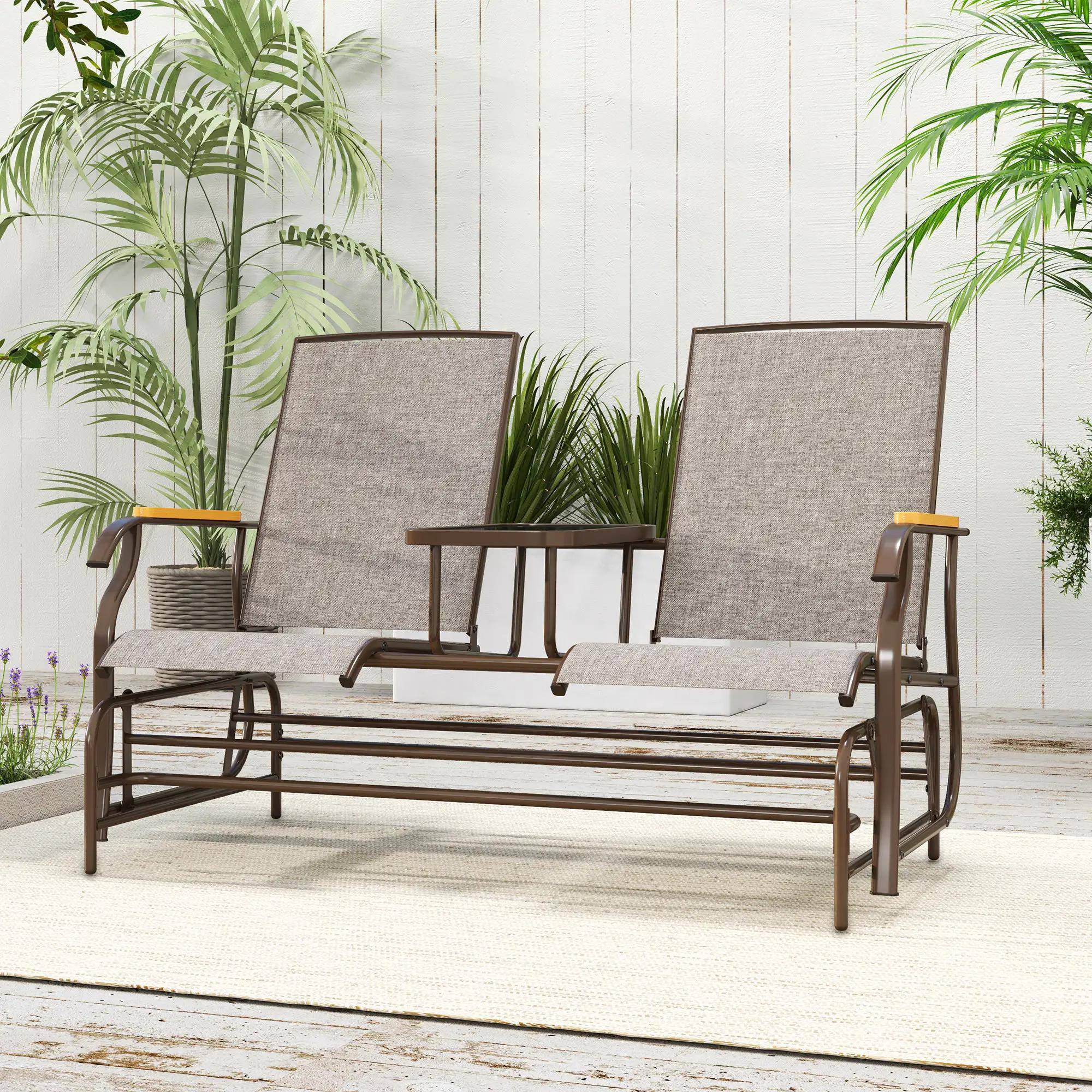 Alt View 1. Resenkos - Resenkos 2-Person Glider Bench, Steel Frame Swing Loveseat with Table, Outdoor Relaxation, Light Mixed Brown - Light Mixed Brown.