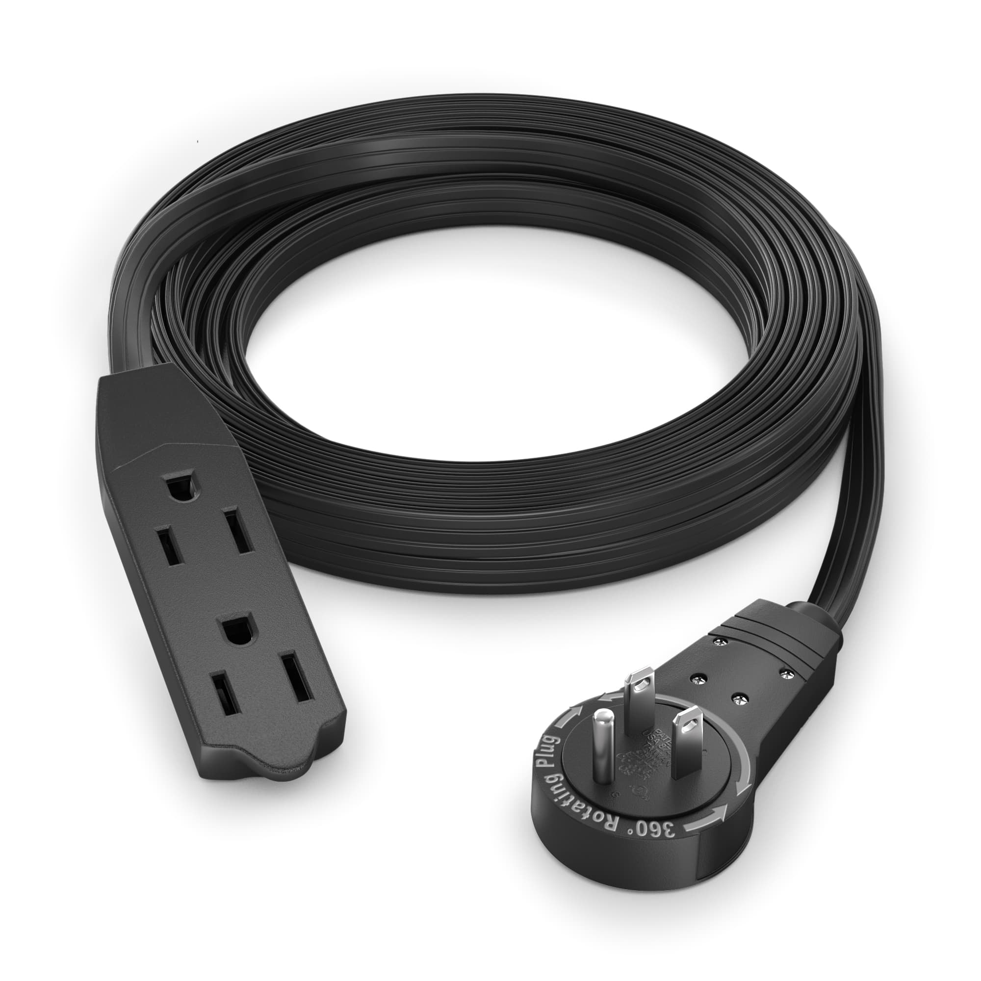 Maximm - 10 Ft 360° Rotating Flat Plug Extension Cord / Wire, 16 AWG Multi 3 Outlet, 3 Prong Grounded Wire - UL Certified - Black