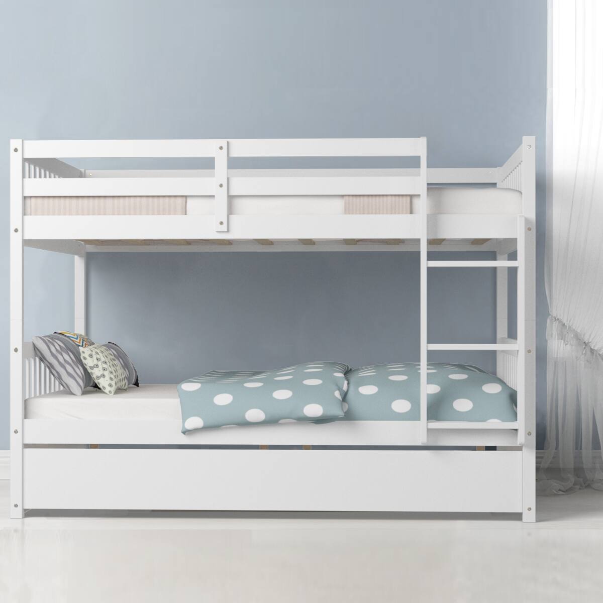 Alt View 3. Gymax - Gymax Full over Full Bunk Bed Platform Wood Bed Captain's Bed w/ Trundle & Ladder Rail - White.