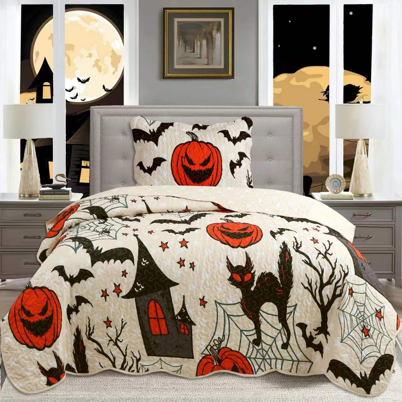 MarCielo - 2/3 Pcs Halloween Themed Quilt Bedspread Set ME503 - Yellow