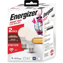 Energizer - 2-Pack Smart Wi-Fi Warm White A19 LED Light Bulb, 60W Equivalent (800 Lumens), Alexa/Google/Siri Compatible - Multicolor