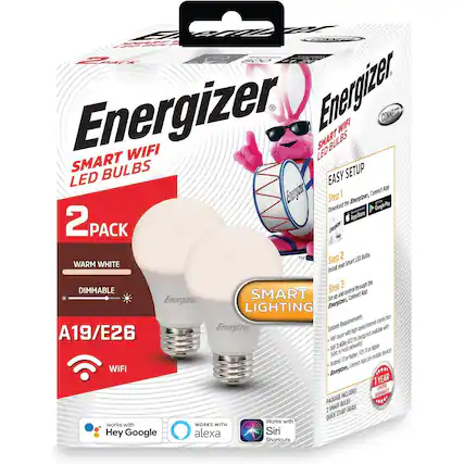 Energizer Smart WiFi LED Bulbs
2 Pack
Warm White
Dimmable
A19/E26
WiFi
Easy Setup
Step 1: Download the Energizer, Connect App
Google Play / App Store
Step 2: Install your Smart LED Bulbs
Step 3: Set up and control through the Energizer, Connect App
System Requirements:
- WiFi router with high-speed internet connection
- WiFi 2.4GHz network (2.4GHz)
- Smartphone or tablet (iOS 10 or higher / Android 7.0 or higher)
- Energizer, Connect App
Package Includes:
- 2 Smart LED Bulbs
- Quick Start Guide
Works with:
- Hey Google
- Alexa
- Siri Shortcuts
1 Year Limited Warranty