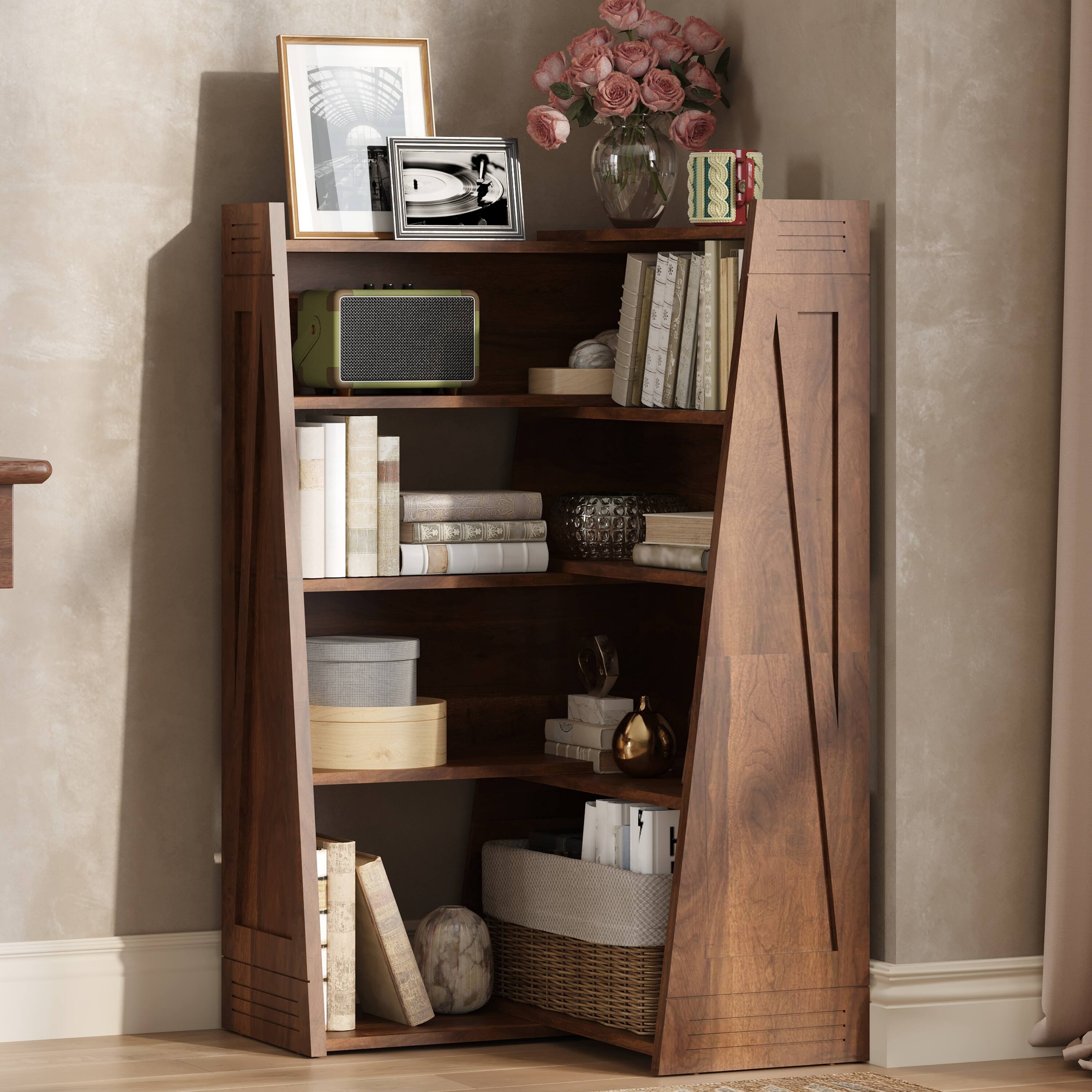 Left. Z-Edge - Wooden Expandable Bookshelf Storage Rack, 4-Tier L-Shaped Adjustable 2-Piece Bookcase, Extendable up to 47" for Corner - Brown.