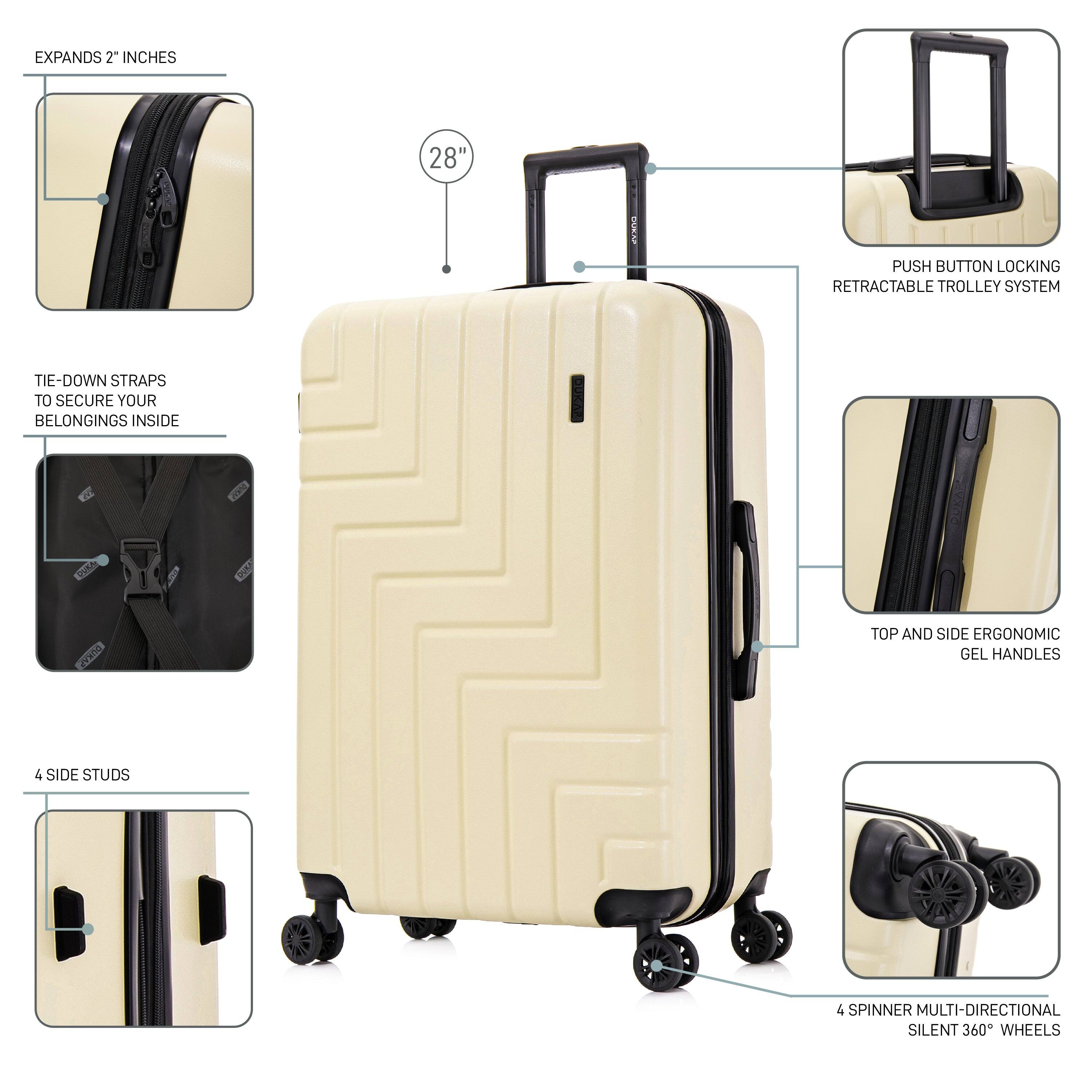 - EXPANDS 2" INCHES
- 28" SEAT PUSH BUTTON LOCKING RETRACTABLE TROLLEY SYSTEM
- TIE-DOWN STRAPS TO SECURE YOUR BELONGINGS INSIDE
- 4 SIDE STUDS
- TOP AND SIDE ERGONOMIC GEL HANDLES
- 4 SPINNER MULTI-DIRECTIONAL SILENT 360° WHEELS