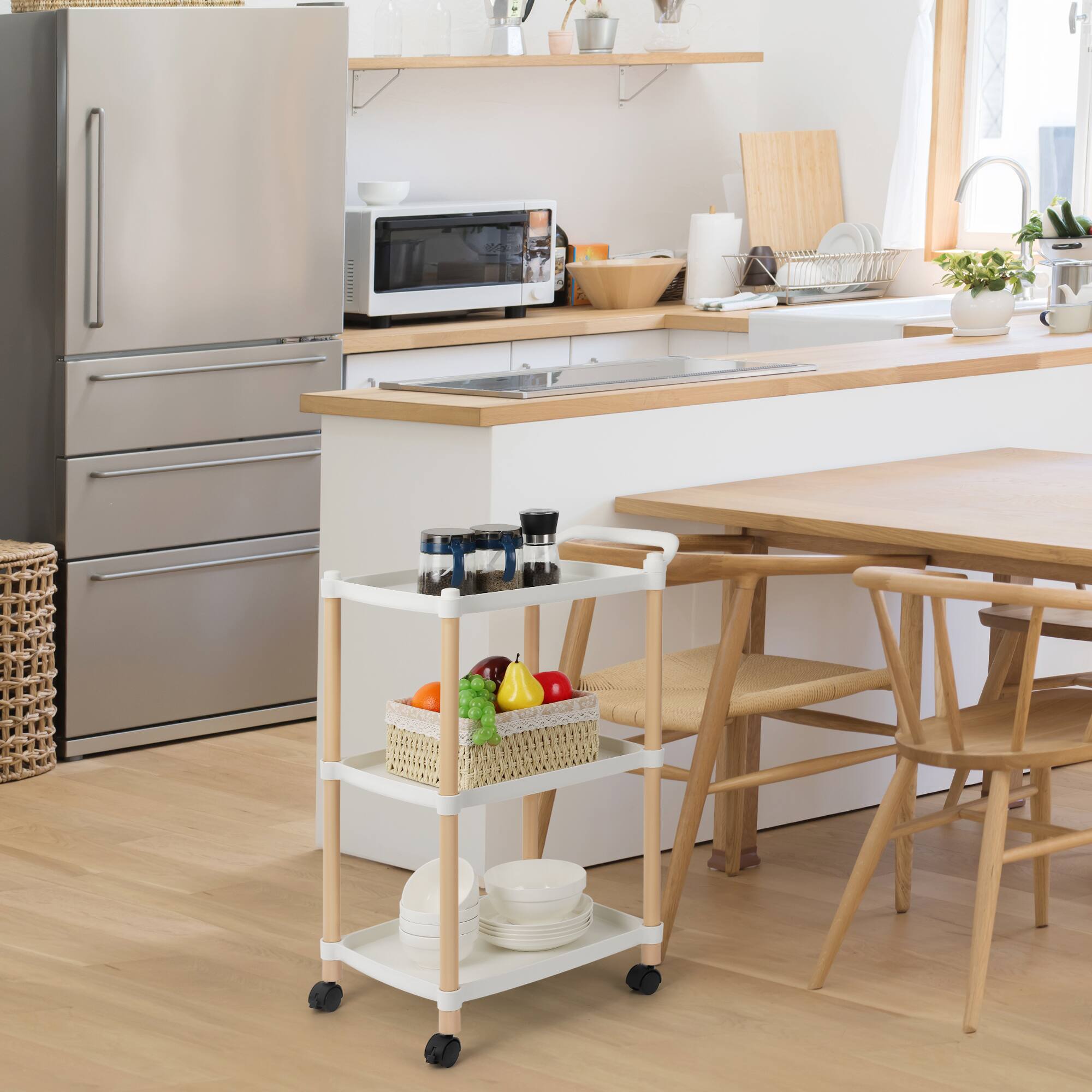Alt View 1. Oumilen - 3-Tier Rolling Utility Cart with Wheels, White Plastic & Wood Tone - White.