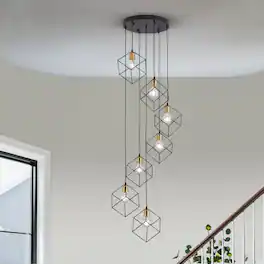 RYHNUYNE - 7-Light Modern Foyer Chandelier, Long Pendant Light Fixture for High Ceilings Entryway,Large Staircase Chandeliers - Black