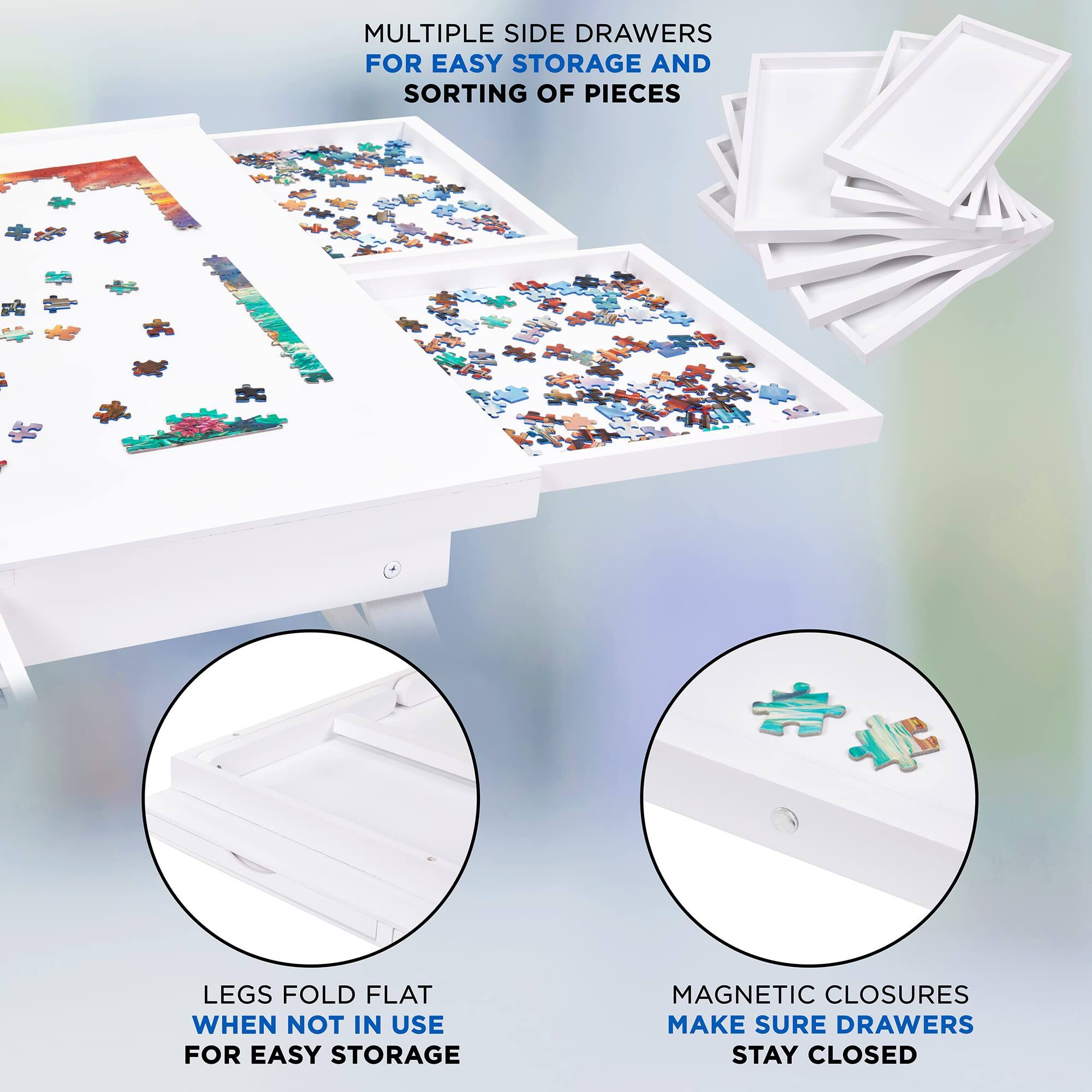MULTIPLE SIDE DRAWERS FOR EASY STORAGE AND SORTING OF PIECES
LEGS FOLD FLAT WHEN NOT IN USE FOR EASY STORAGE
MAGNETIC CLOSURES MAKE SURE DRAWERS STAY CLOSED
