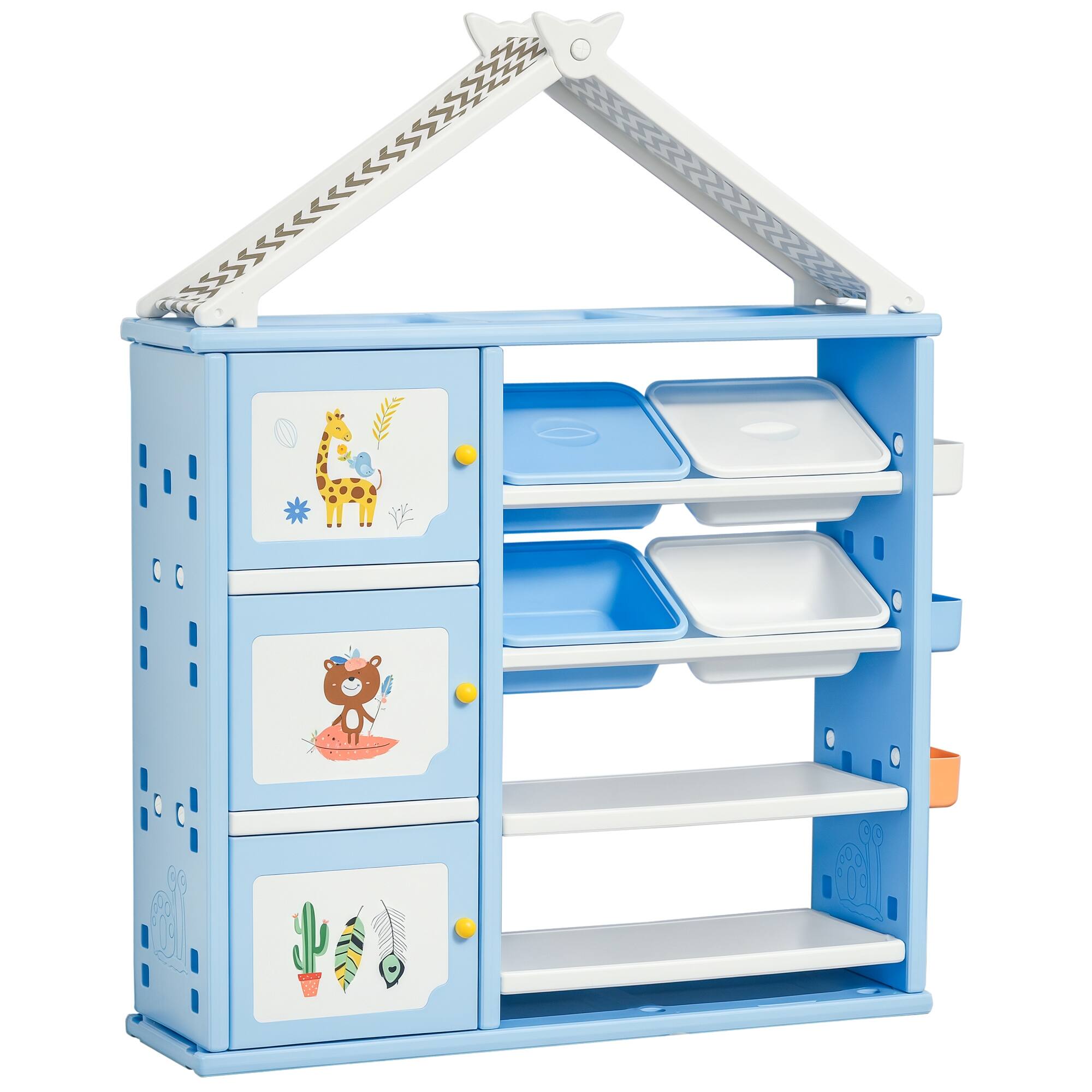 Front. Qaba - Kids Toy Storage Organizer with 4 Bins, Storage Cabinets, Bookshelf and 4-Layers Toy Collection Shelves - Blue.