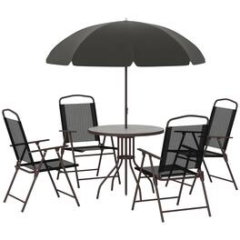 Outsunny - 6 Piece Patio Dining Set for 4 with Umbrella, Outdoor Table and Chairs with 4 Folding Dining Chairs & Round Glass Table - Black