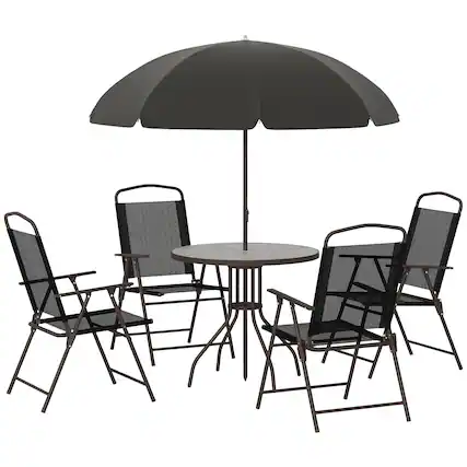 Front. Outsunny - 6 Piece Patio Dining Set for 4 with Umbrella, Outdoor Table and Chairs with 4 Folding Dining Chairs & Round Glass Table - Black.