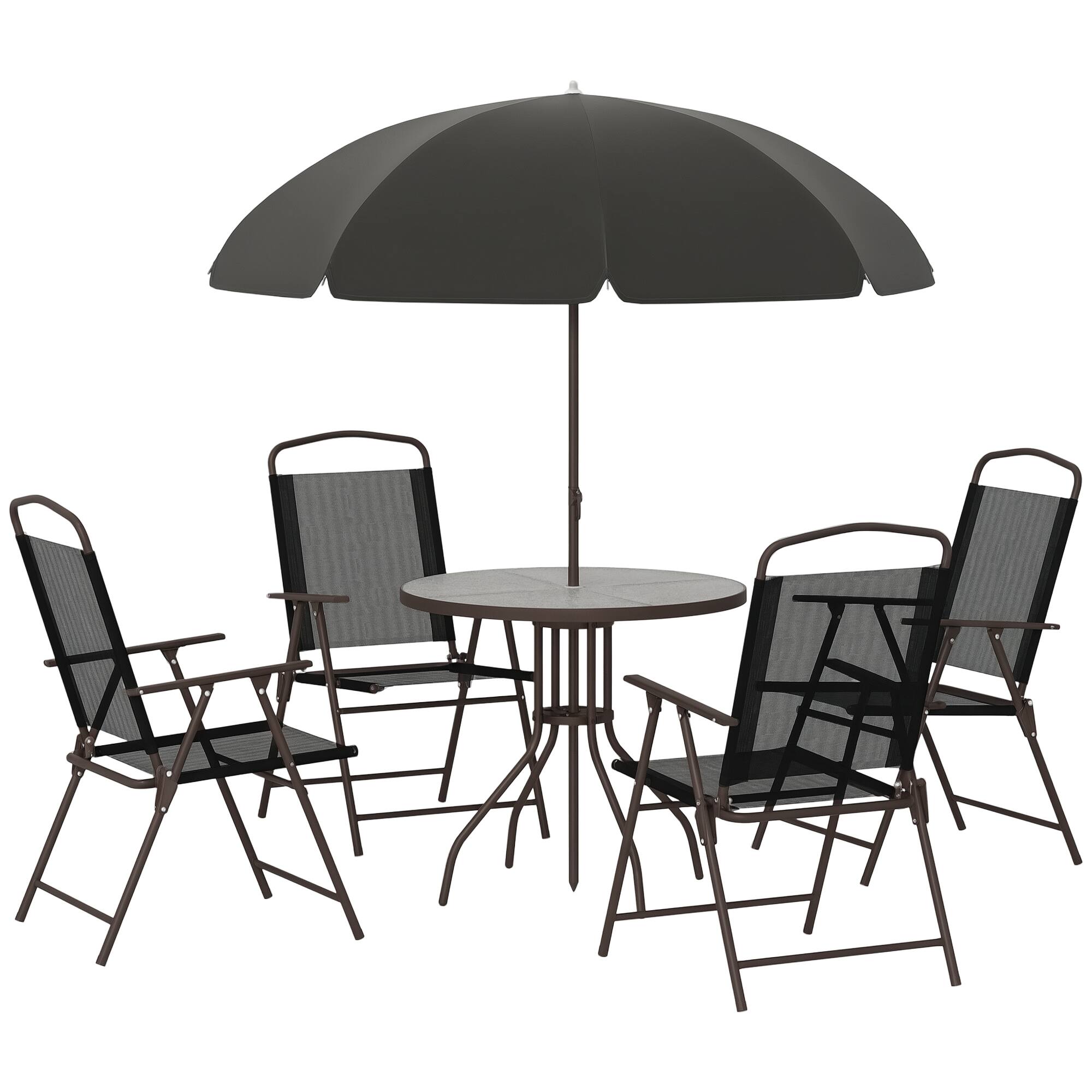 Front. Outsunny - 6 Piece Patio Dining Set for 4 with Umbrella, Outdoor Table and Chairs with 4 Folding Dining Chairs & Round Glass Table - Black.