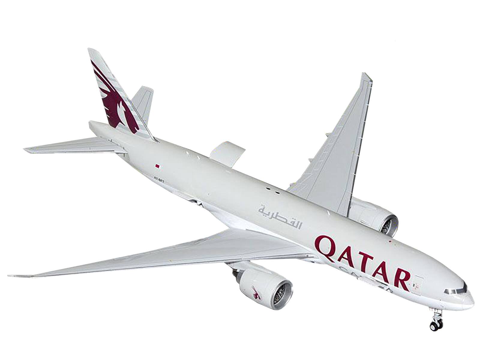 Angle. GeminiJets - Boeing 777F Commercial Aircraft Qatar Cargo (A7-BFT) Gray with Tail Graphics Gemini 200 - Interactive Series 1/200 - Gray.