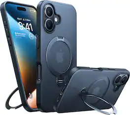 TORRAS - Ostand Q3 Spin – Military-Grade Translucent Case with 360° Rotating Magnetic Stand for Apple iPhone 16 - Black