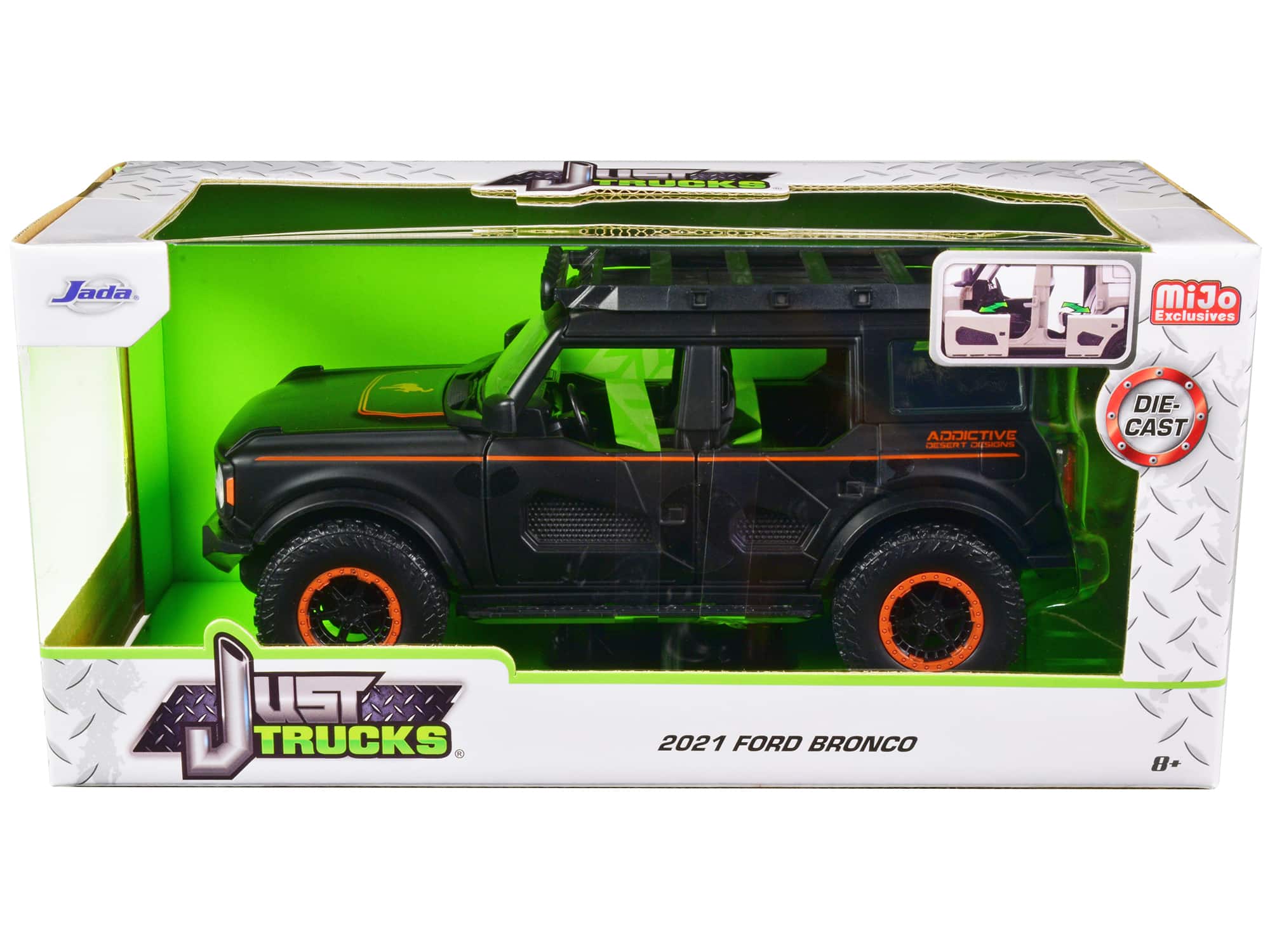 "2021 Ford Bronco Matt Black with Orange Stripes and Roof Rack ""Addictive Desert Designs"" 1/24 Diecast Model Car by Jada" price history on PriceWatchPro