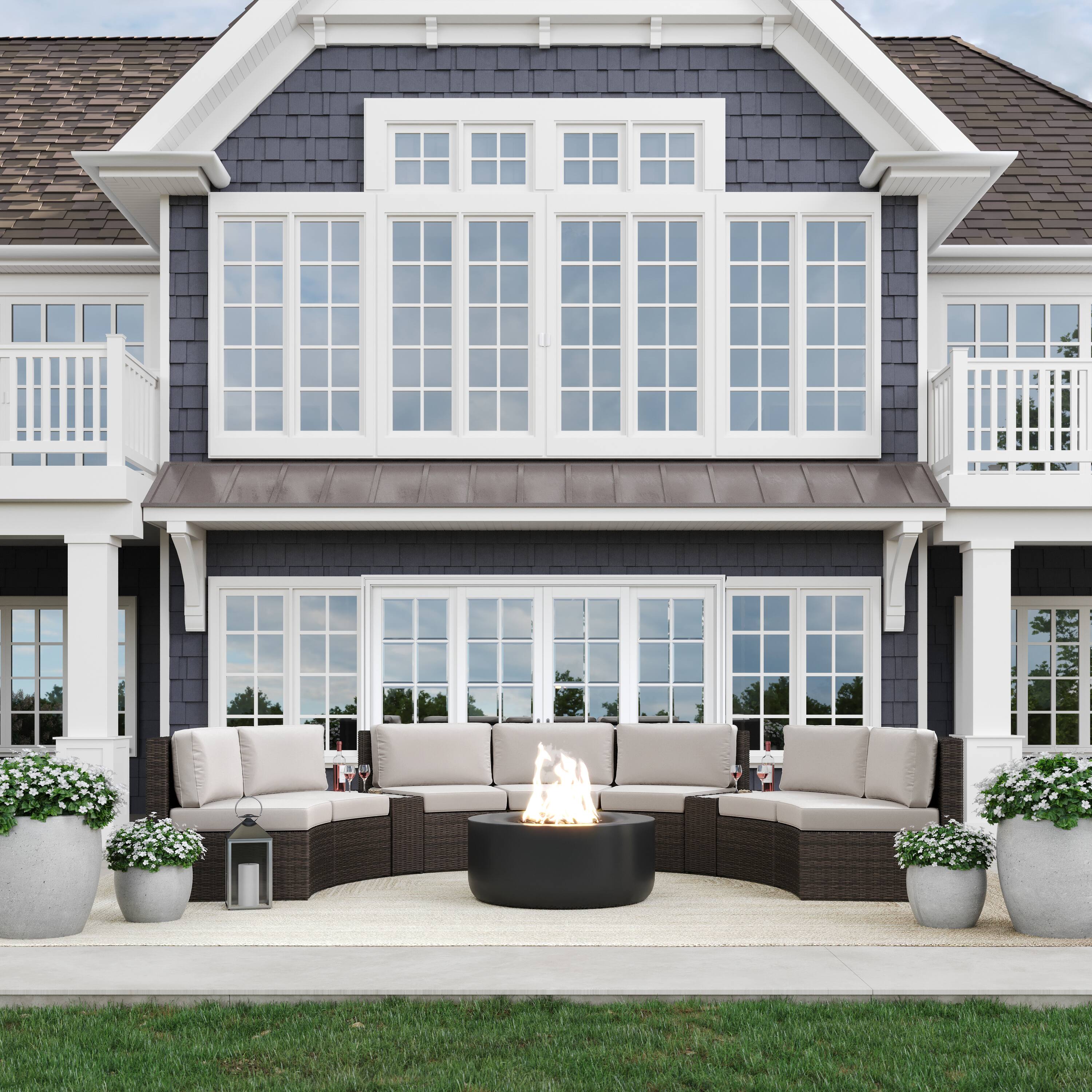 Alt View 5. Martha Stewart - Bedford 2PK Outdoor Modular Rattan Wicker Patio Curved Sectional Sofa Seats - Tan Cushions/Brown Frame.