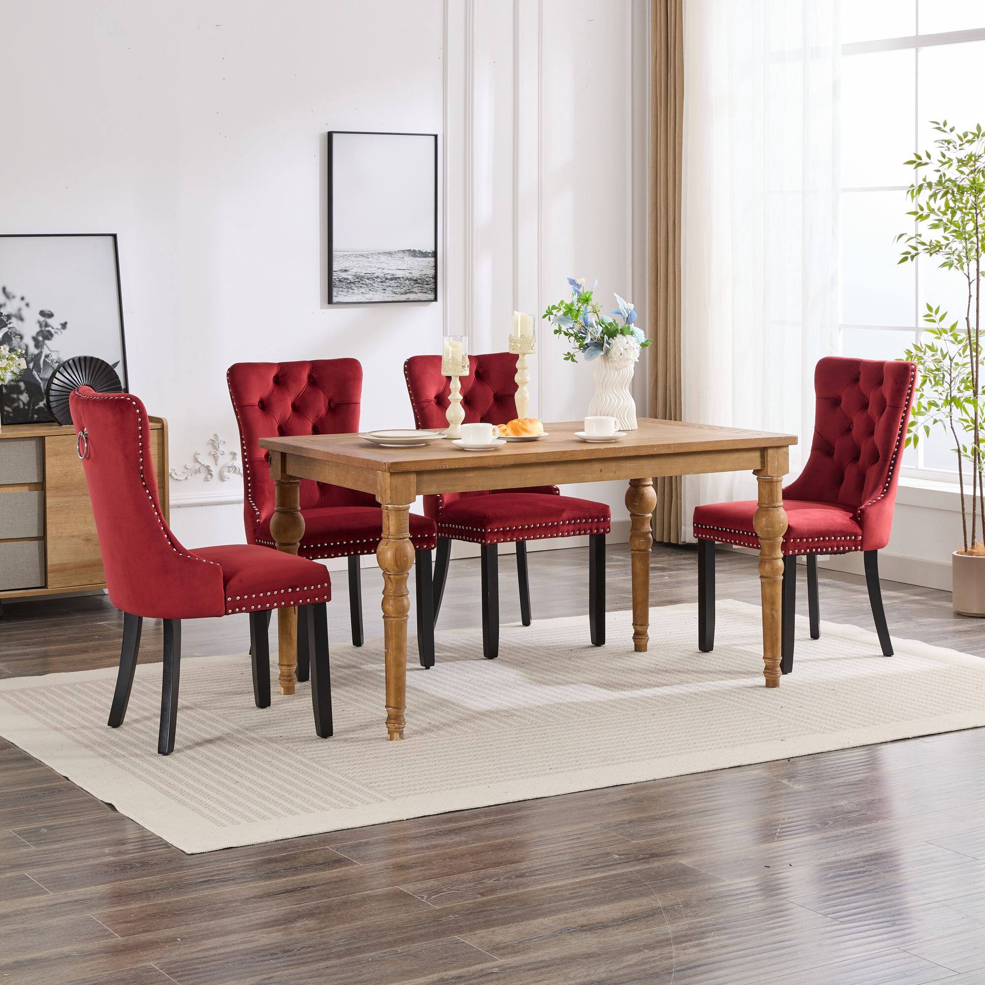 Alt View 2. Z-Edge - Velvet Dining Chairs Set of 2, Upholstered High-end Tufted Dining Room Chair with Nailhead Back Ring Pull Trim Wood Legs - Wine Red.