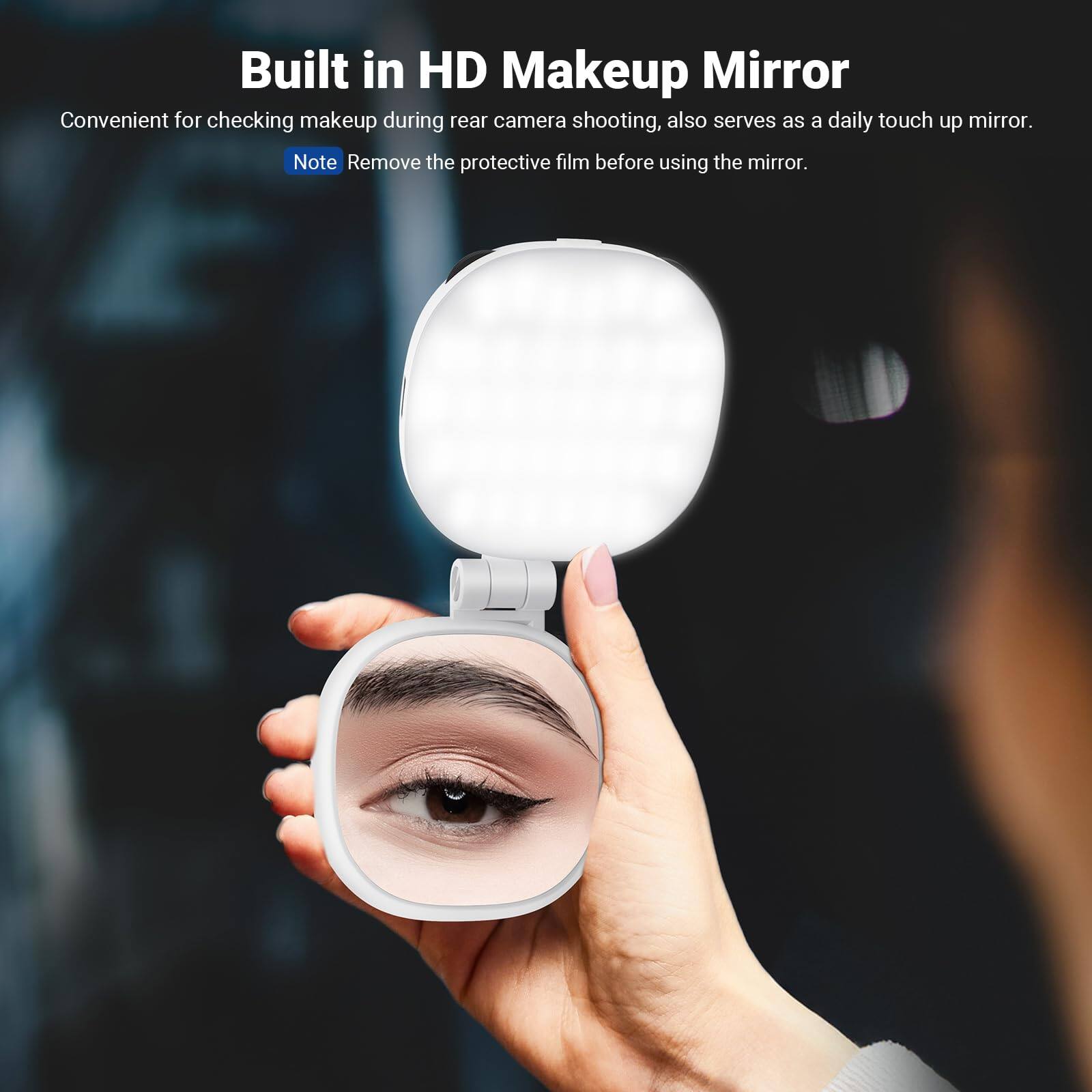 Built in HD Makeup Mirror  
Convenient for checking makeup during rear camera shooting, also serves as a daily touch up mirror.  
Note: Remove the protective film before using the mirror.