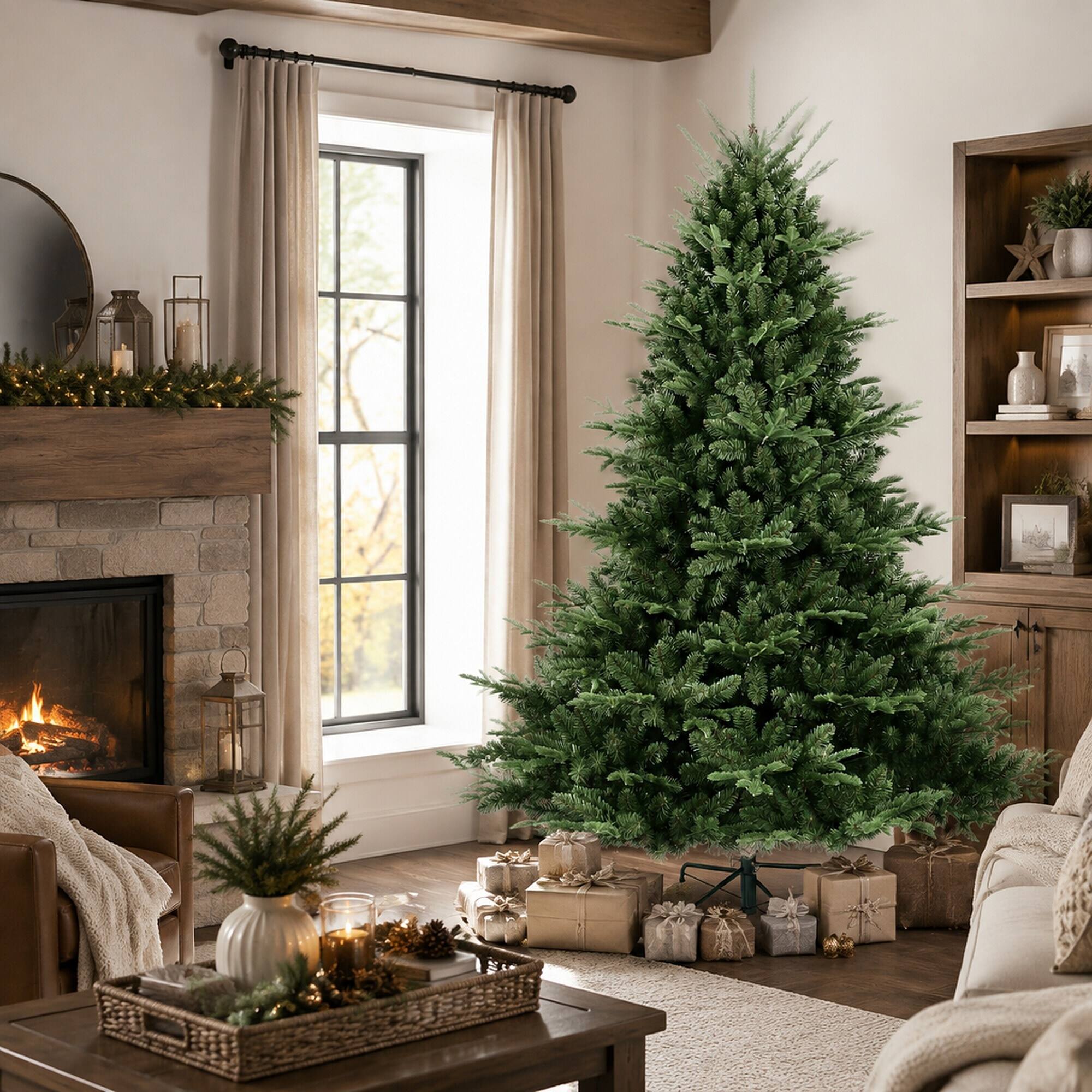 Left. RYHNUYNE - 7FT Full-Shaped Christmas Tree, 2257 PE/PVC Mixed Needles Wide Base Hinged Structure Metal Stand Strong Support - Green.