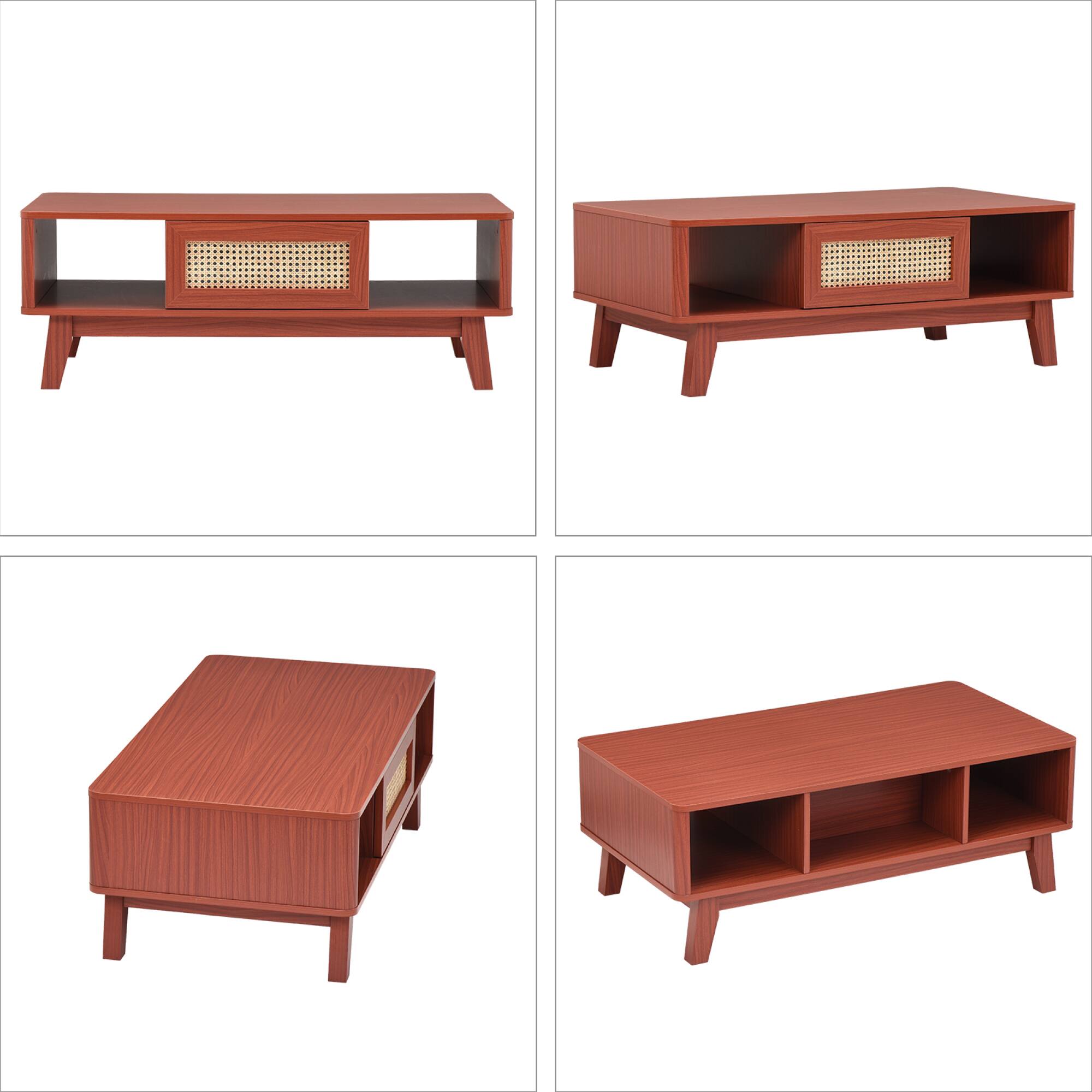 Back. GOODSILO - Mid Century Modern Storage Coffee Table with Rattan Drawer and Solid Wood Legs for Living Room Furniture - Cherry.