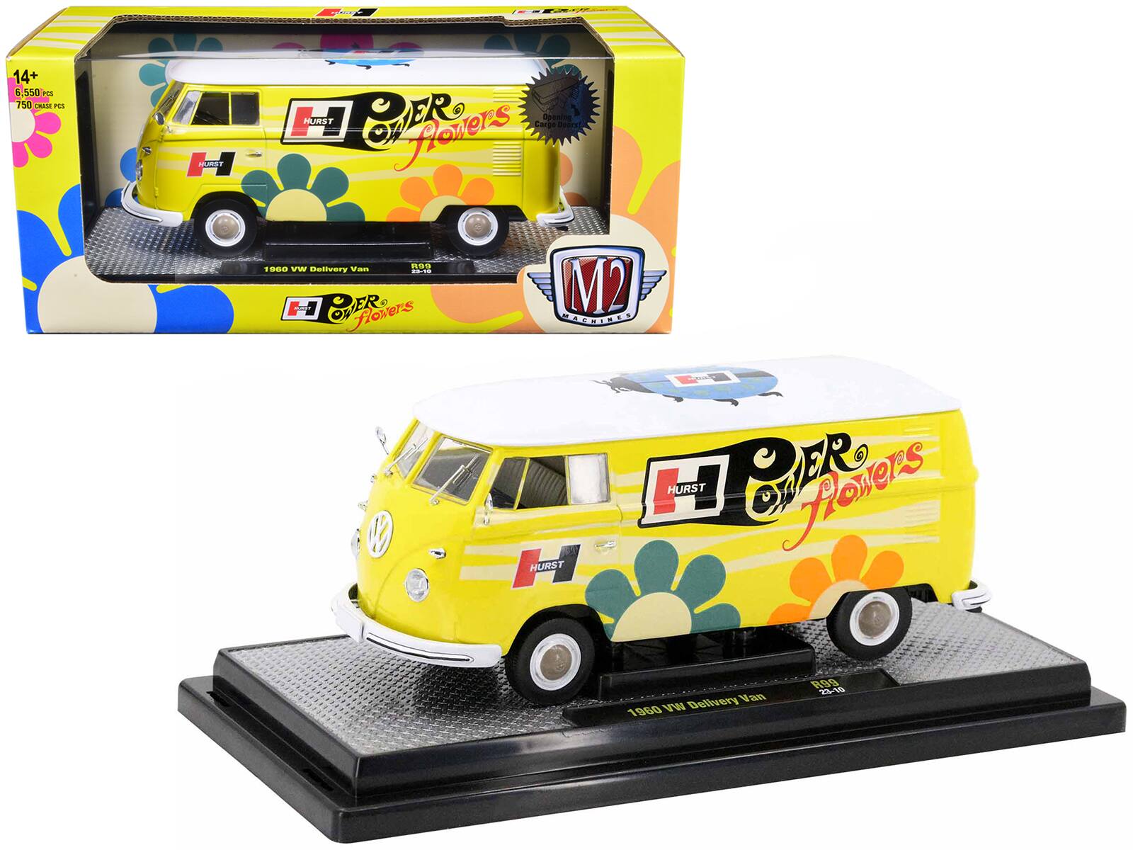 M2 - 1960 Volkswagen Delivery Van Yellow Bright White Top Flower Graphics "Hurst Power Flowers" 1/24 LTD 6550pcs Worldwide - Yellow With Bright White