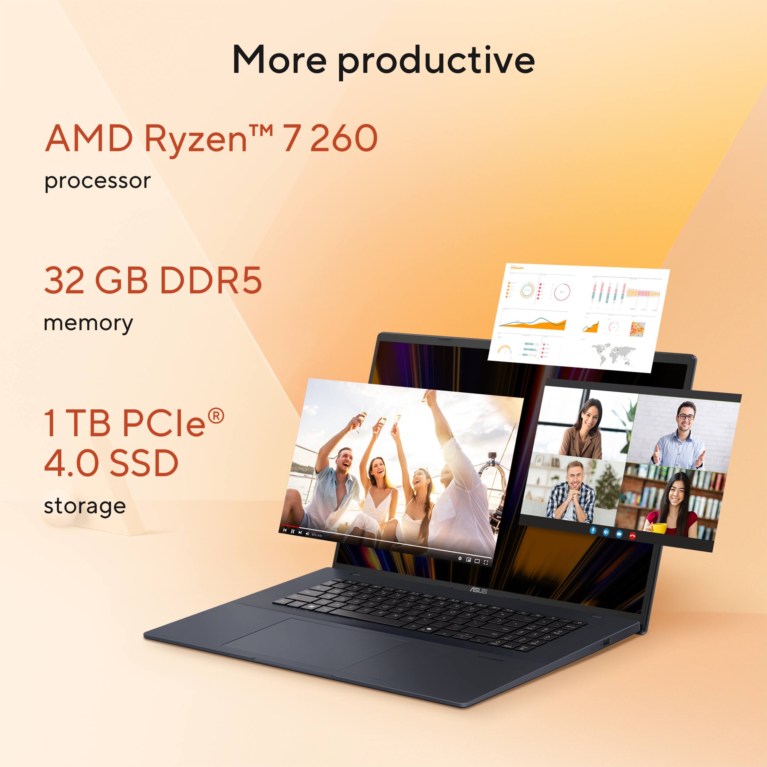 More productive with AMD Ryzen™ 7 260 processor, 32 GB DDR5 memory, and 1 TB PCIe® 4.0 SSD storage.
