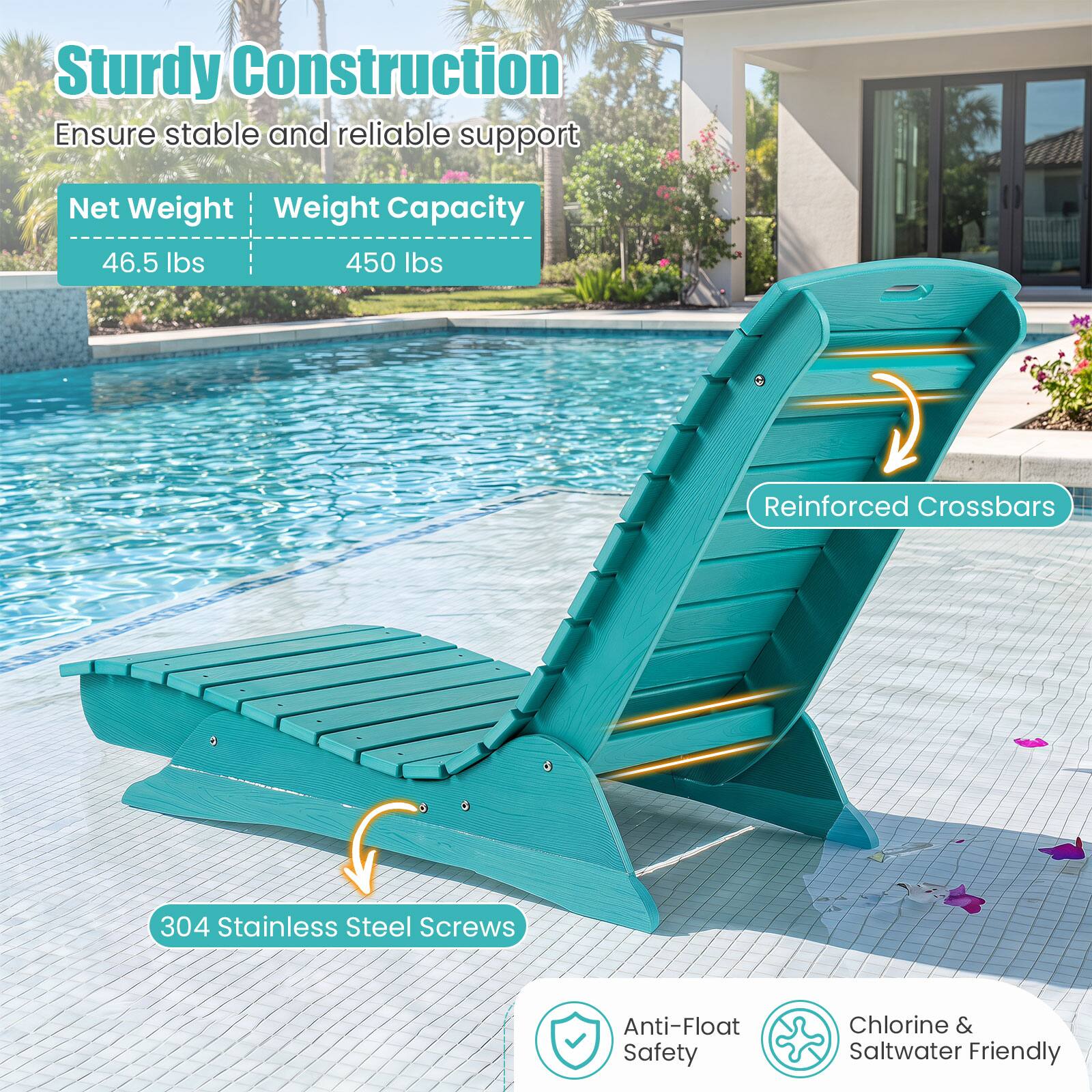 Sturdy Construction  
Ensure stable and reliable support

Net Weight: 46.5 lbs  
Weight Capacity: 450 lbs

Reinforced Crossbars  
304 Stainless Steel Screws  
Anti-Float Safety  
Chlorine & Saltwater Friendly