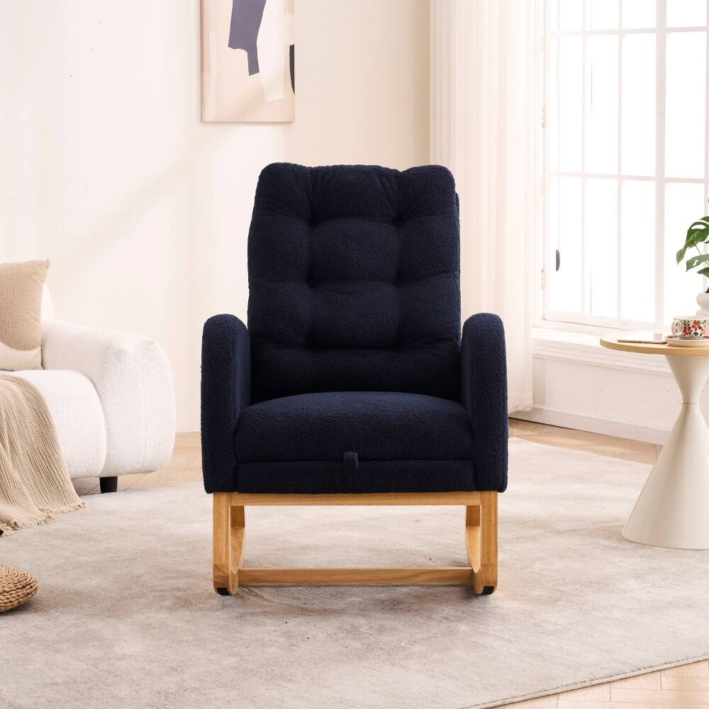 Left. Loheer - Loheer Deep Navy Blue High-Back Rocking Chair with Footrest Storage Pocket Rubber Wood Base Nursery Rocker - Navy Blue.