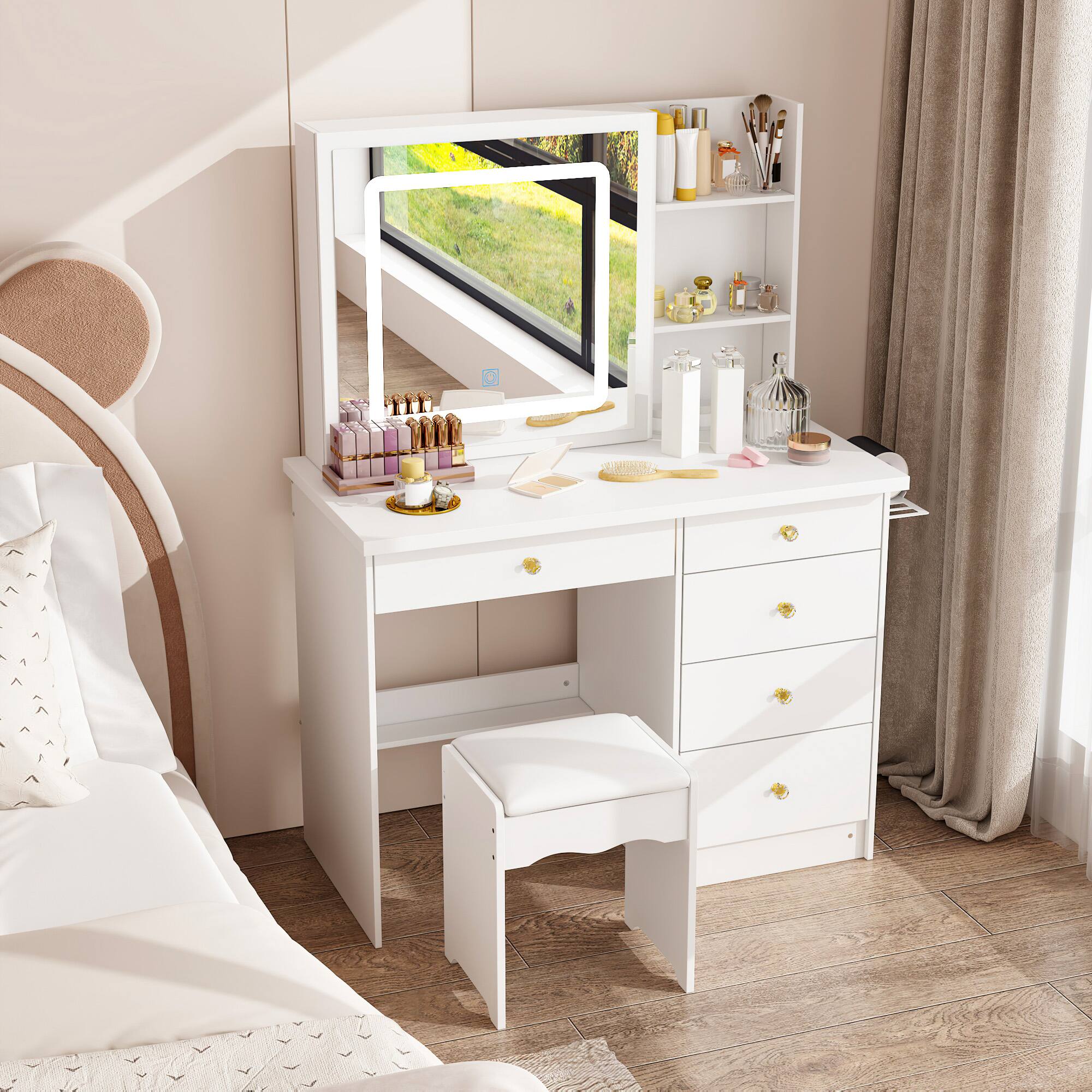 Back. Famapy - Sliding Mirror Vanity Desk with LED Light & Hidden Storage, Makeup Table with Side Shelf for Bedroom - White.
