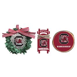 The Memory Company - South Carolina Gamecocks Three-Pack Wreath, Sled & Circle Ornament Set - Multicolor