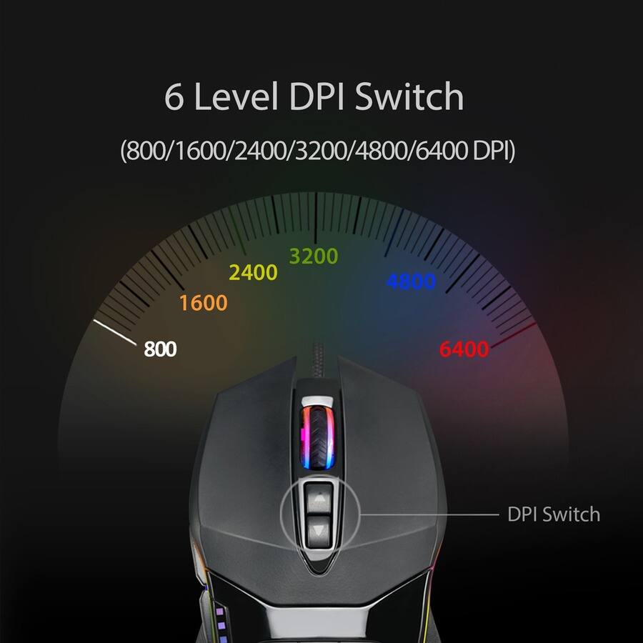 6 Level DPI Switch  
(800/1600/2400/3200/4800/6400 DPI)  

DPI Switch