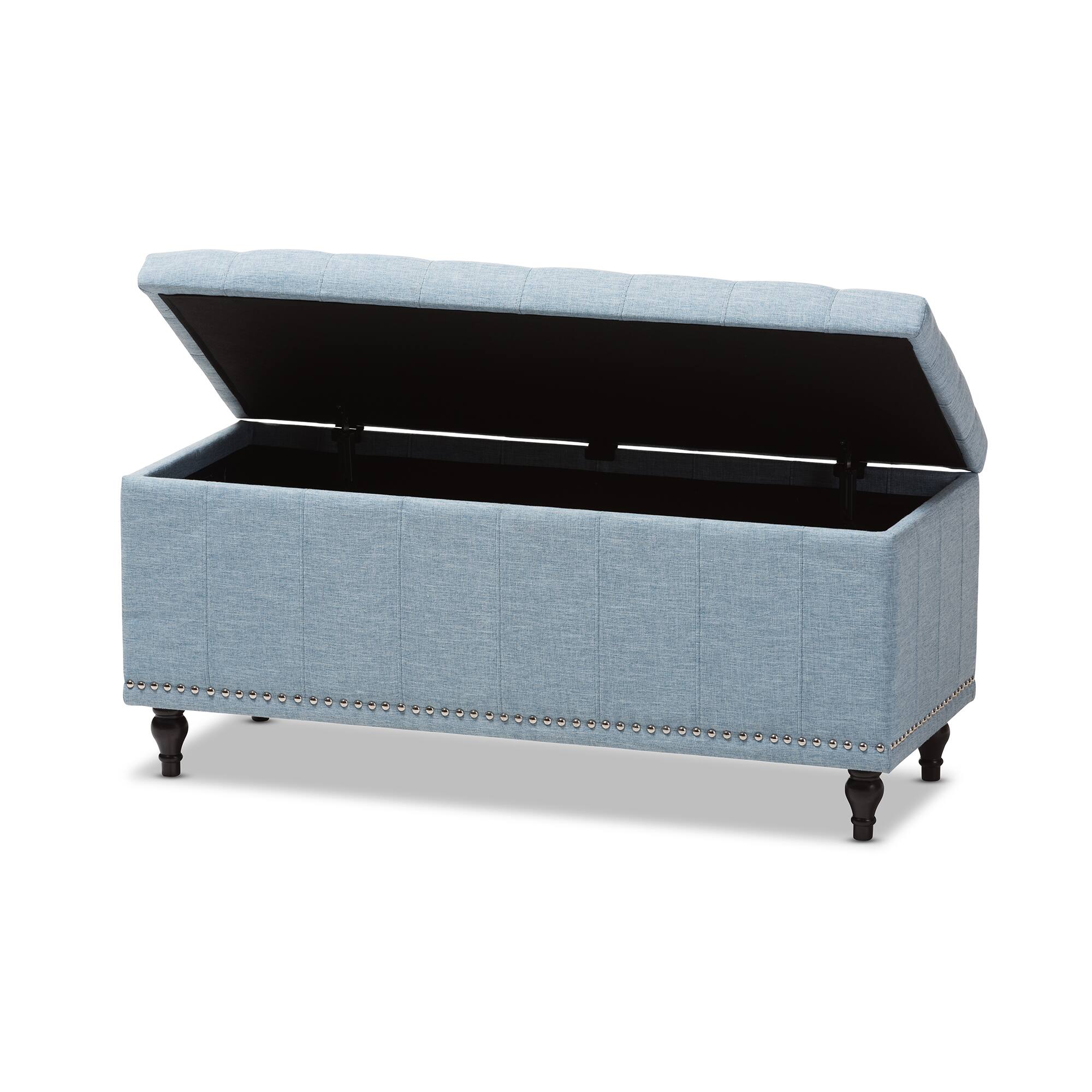 Angle. Baxton Studio - Kaylee Modern Classic Fabric Upholstered Button-Tufting Storage Ottoman Bench - Light Blue.