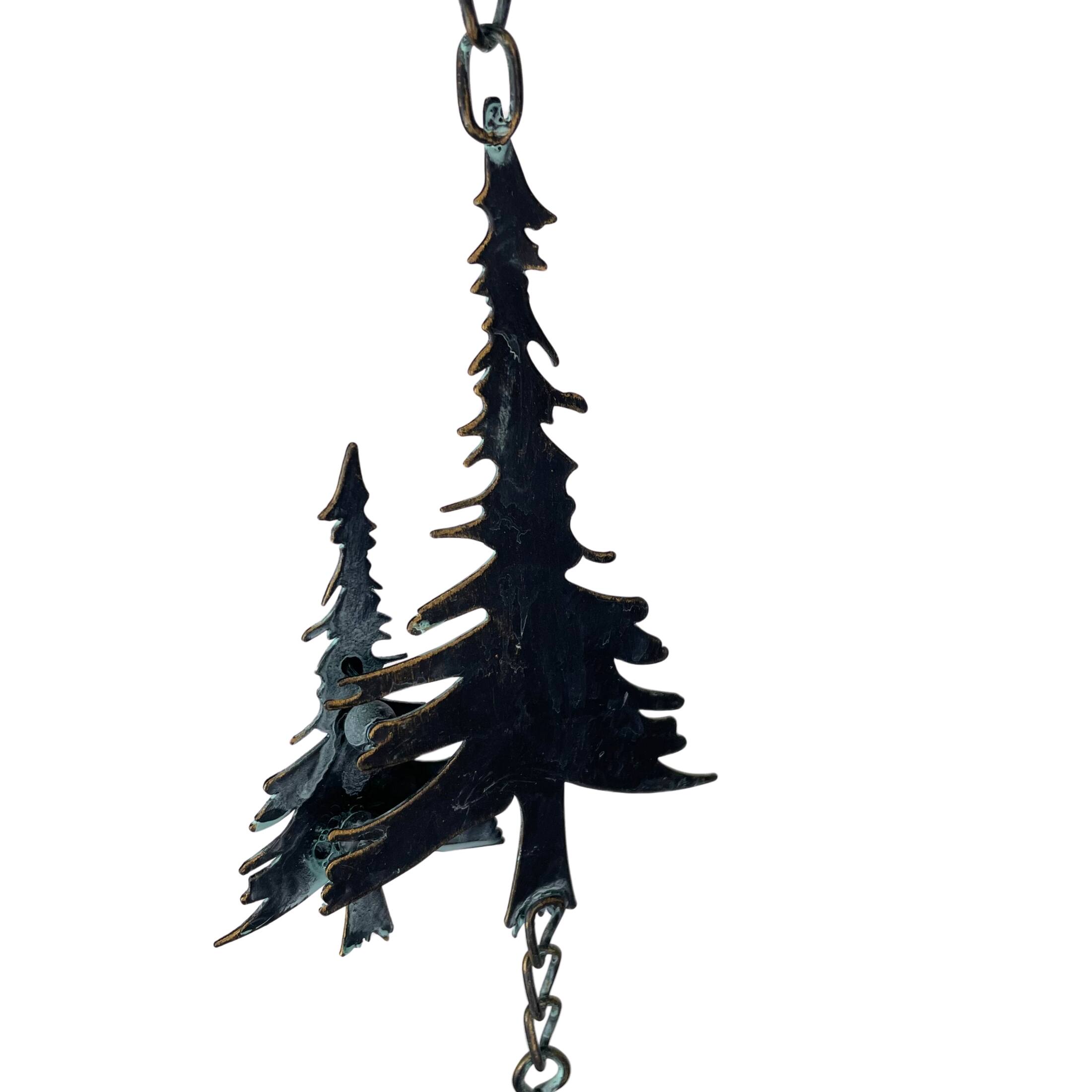 Alt View 2. Things2Die4 - 70" Metal Rain Chain - Forest Trees & Zen Bells, Aged Verdigris, 3.25" Diameter - Black.