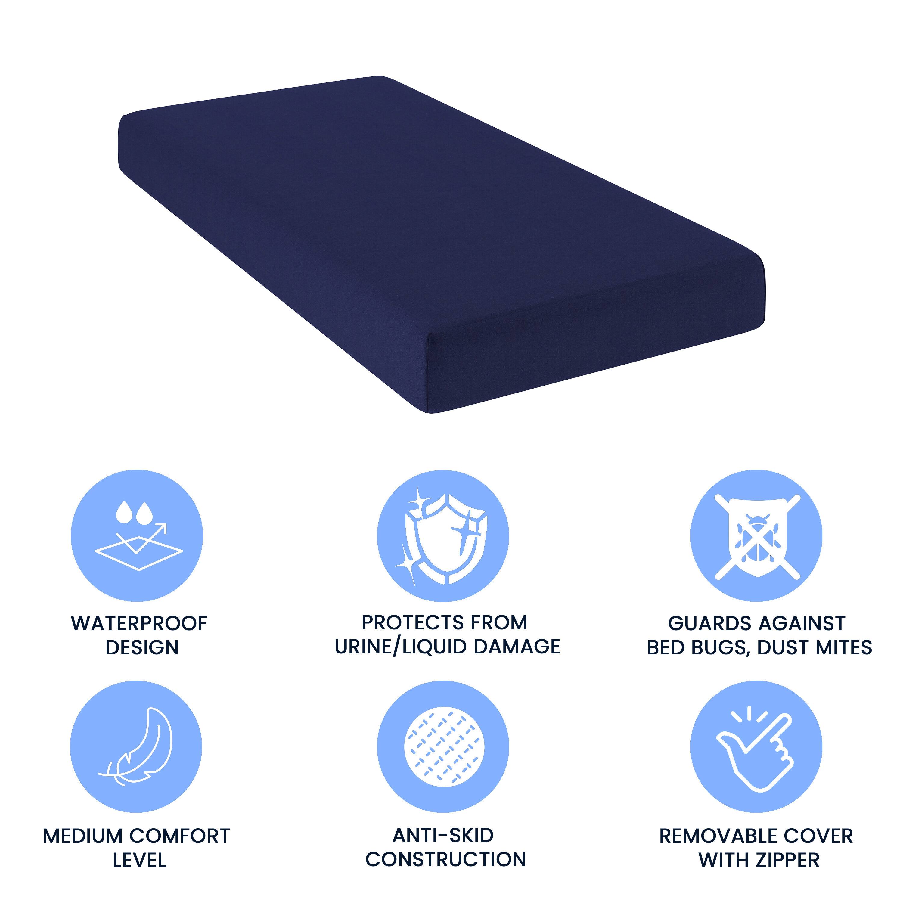 - WATERPROOF DESIGN
- PROTECTS FROM URINE/LIQUID DAMAGE
- GUARDS AGAINST BED BUGS, DUST MITES
- MEDIUM COMFORT LEVEL
- ANTI-SKID CONSTRUCTION
- REMOVABLE COVER WITH ZIPPER