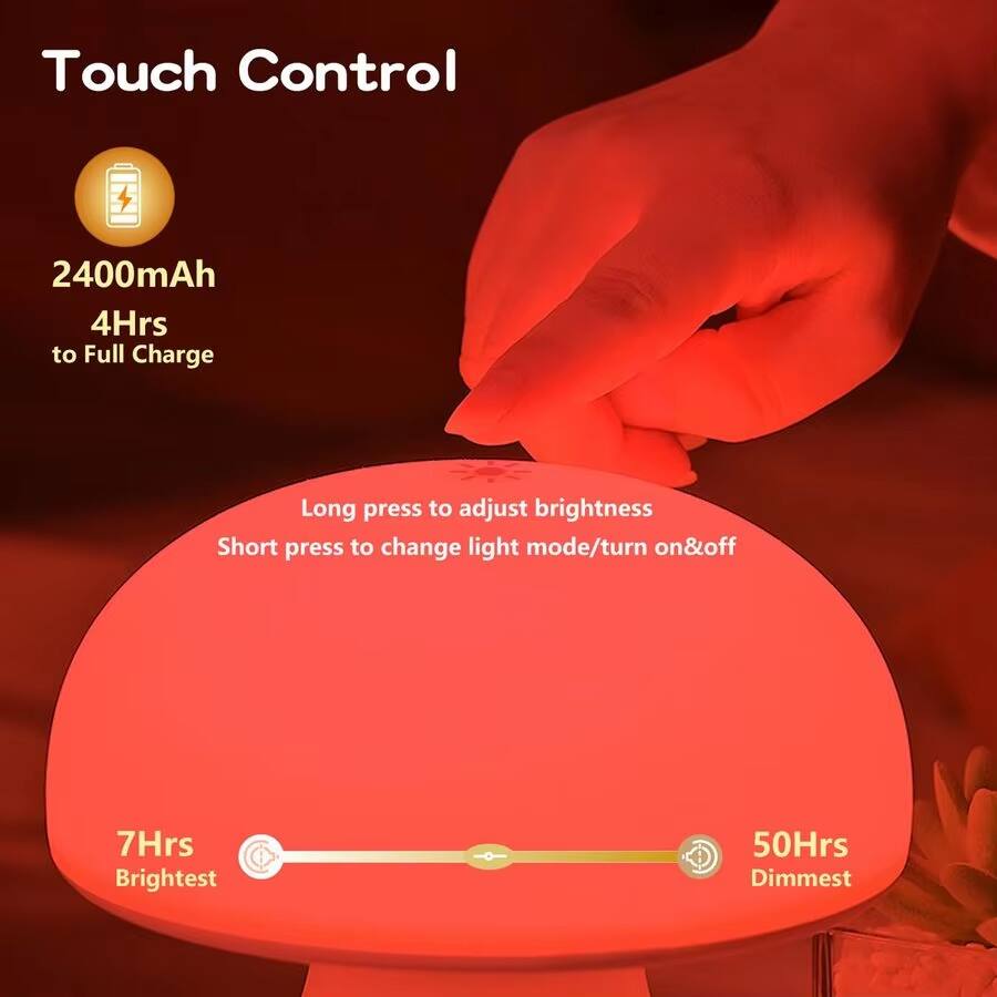 Touch Control  
2400mAh  
4Hrs to Full Charge  

Long press to adjust brightness  
Short press to change light mode/turn on&off  

7Hrs Brightest  
50Hrs Dimmest