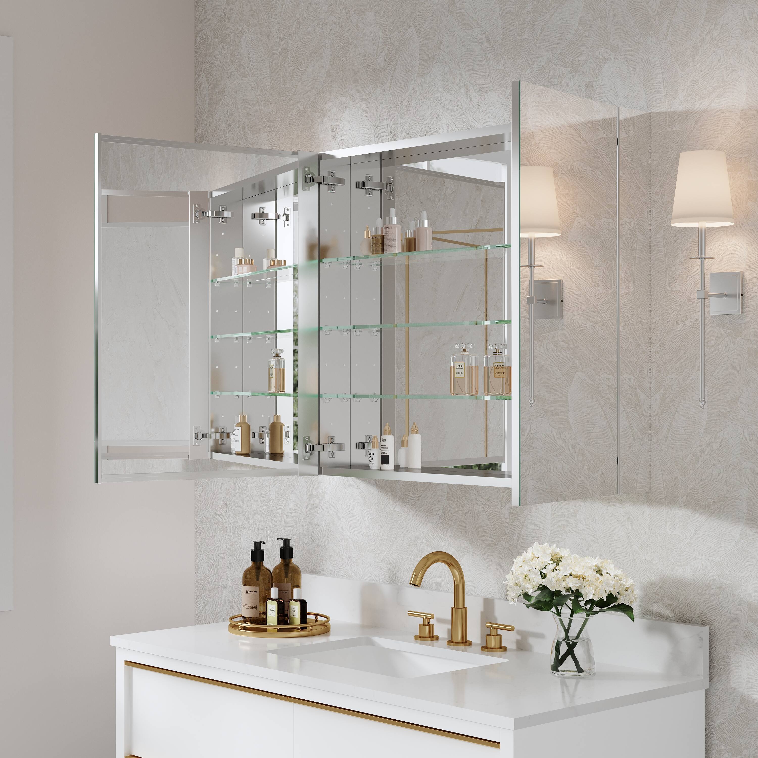 Angle. WELLFOR - 36 in. W x 30 in. H Rectangular Aluminum Recess or Surface Mount Medicine Cabinet with Mirror, Soft Close Door - Silver.