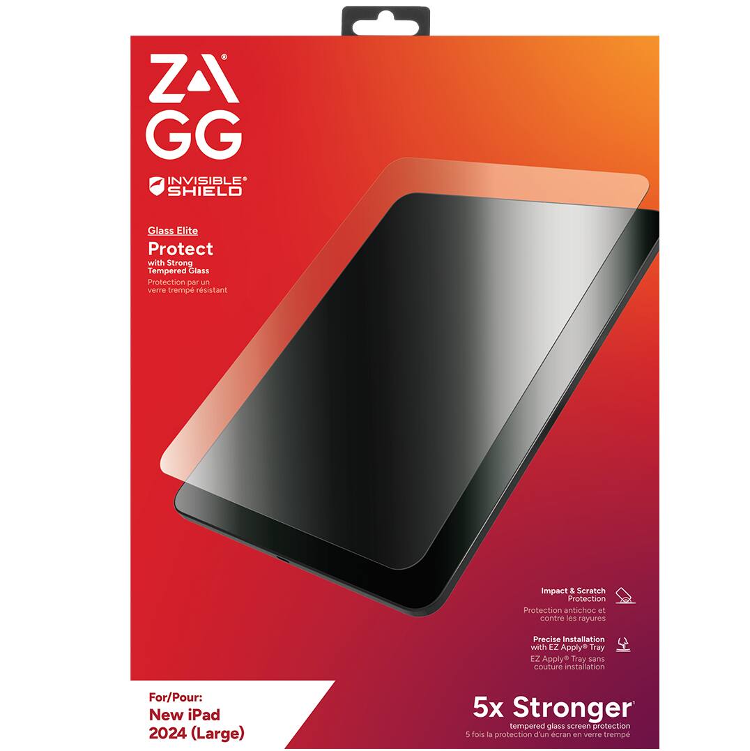 The image features a new iPad 2024 with a tempered glass screen protector. The protector is advertised as being 5x stronger than regular glass, providing better protection against impact, scratches, and other potential damages. The protector is designed to be easy to install, with a precise installation process and an EZ Apply Tray. The advertisement emphasizes the high-quality protection offered by the ZAG GG Invisible Shield Glass Elite Protection.