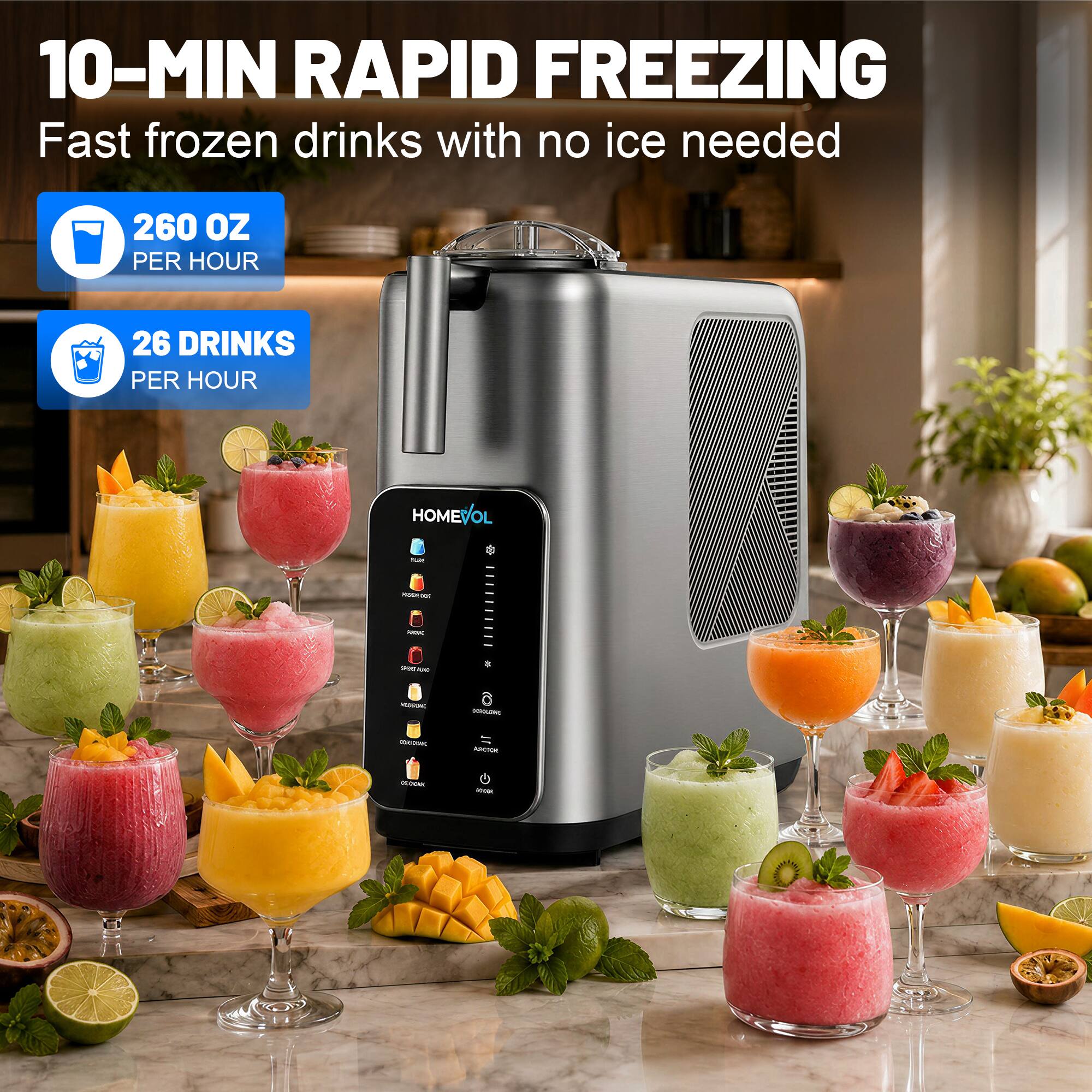 10-MIN RAPID FREEZING  
Fast frozen drinks with no ice needed  
260 OZ PER HOUR  
26 DRINKS PER HOUR  
HOMEVOL