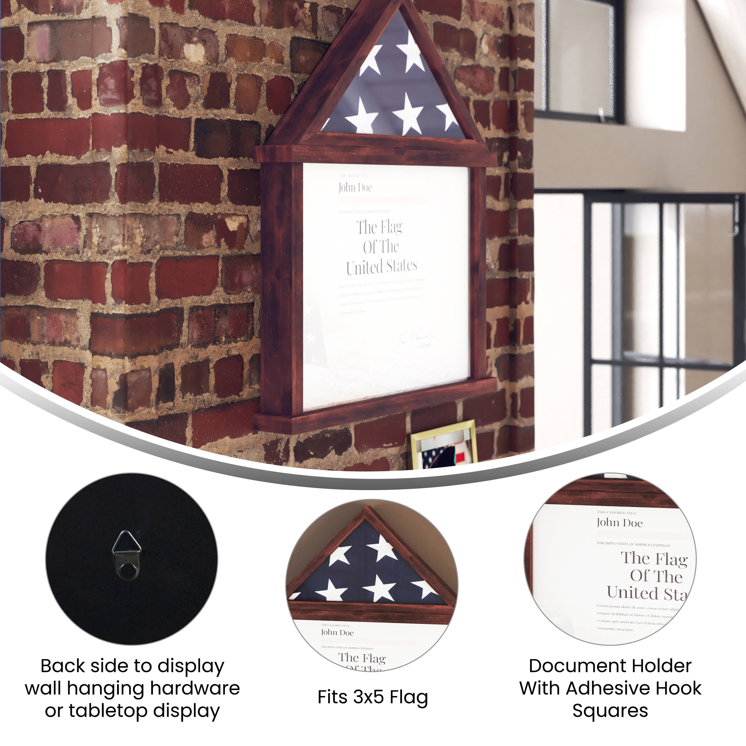 John Doe  
The Flag of the United States  

Back side to display wall hanging hardware or tabletop display  

The Flag Fits 3x5 Flag  

Document Holder With Adhesive Hook Squares