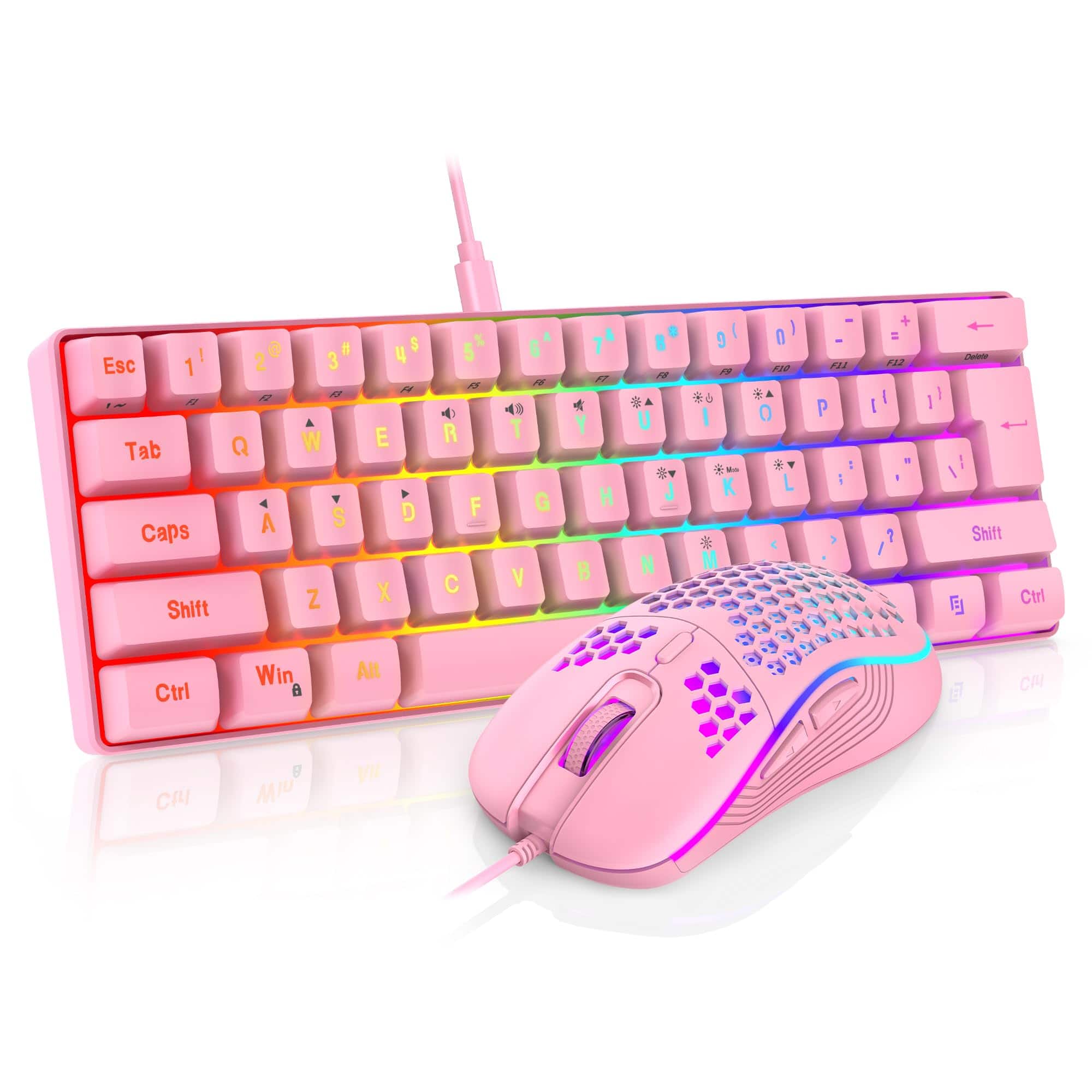 Live At Space - 60% Gaming And Mouse Combo Ultra-compact 61 Keys Rgb Backlit Mini Lightweight 7200 Dpi Optical Wired Set For Pc Ps5 - 01 Pink Wired Combo