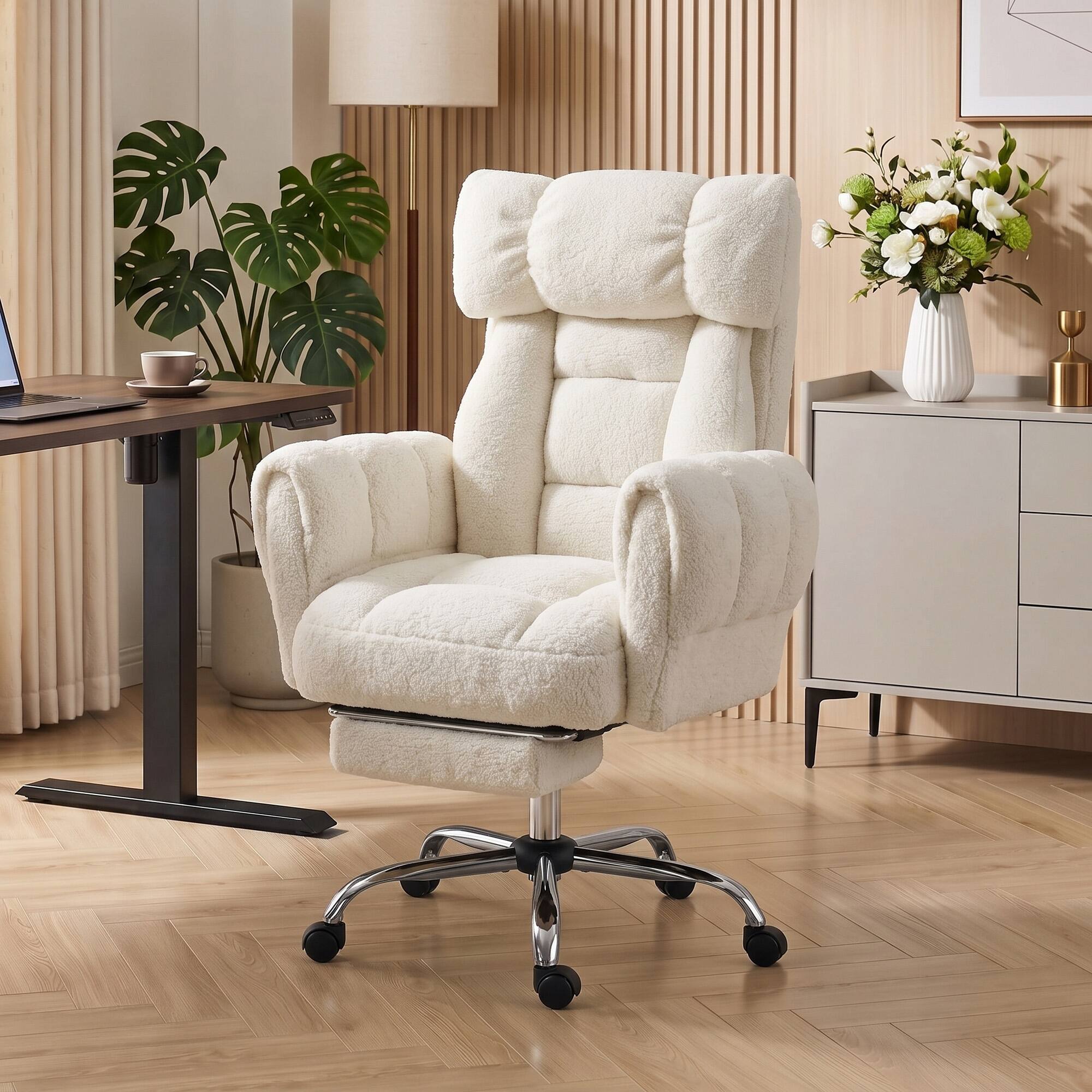Alt View 1. Homcom - Cross Office Chair with Flip-Up Armrests, Reclining Desk Chair with Wide Seat, Footrest, Wheels - Cream White.