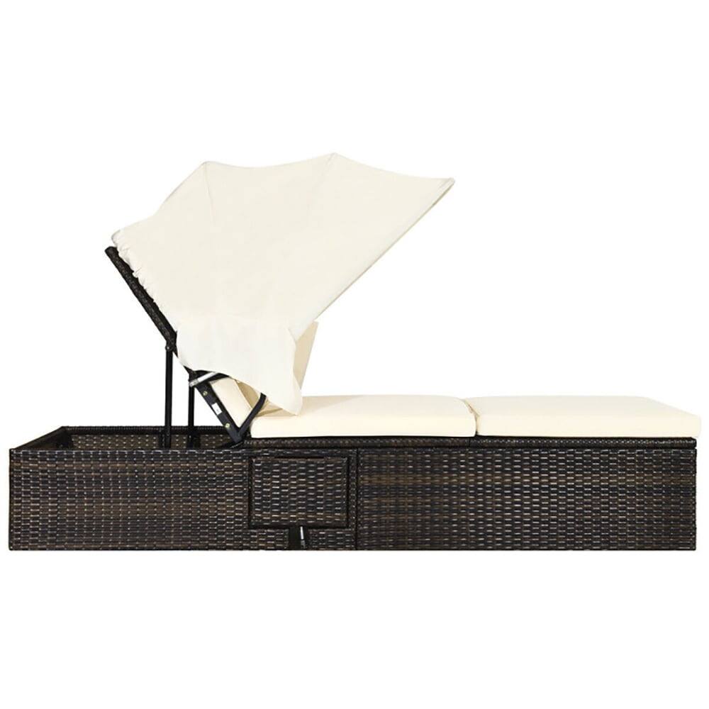 Left. Kadyn - Outdoor Chaise Lounge Chair, Chaise Cushioned Top Canopy Patio Rattan Lounge Chair with Tea Table - White.