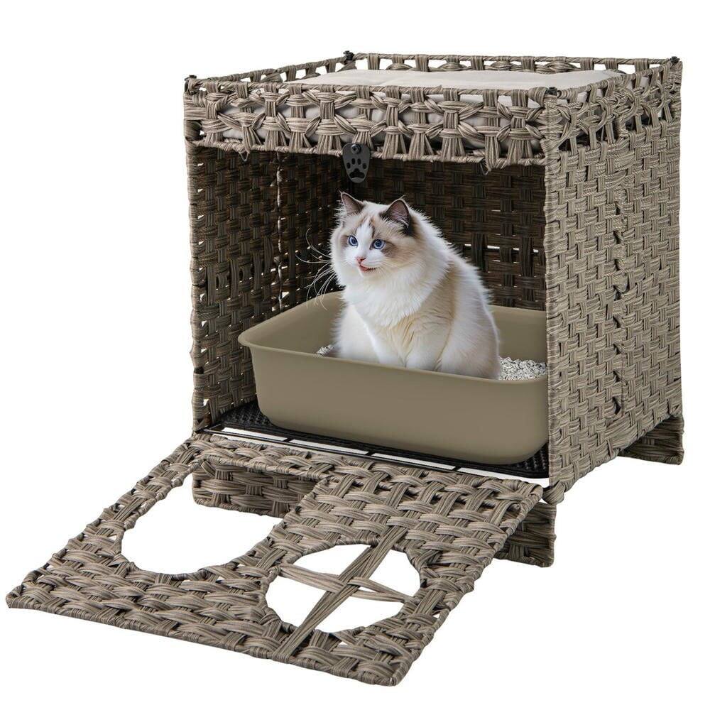 Alt View 1. Pefilos - Foldable 2-Tier Rattan Cat Litter Box Enclosure with Included Mat - Gray.