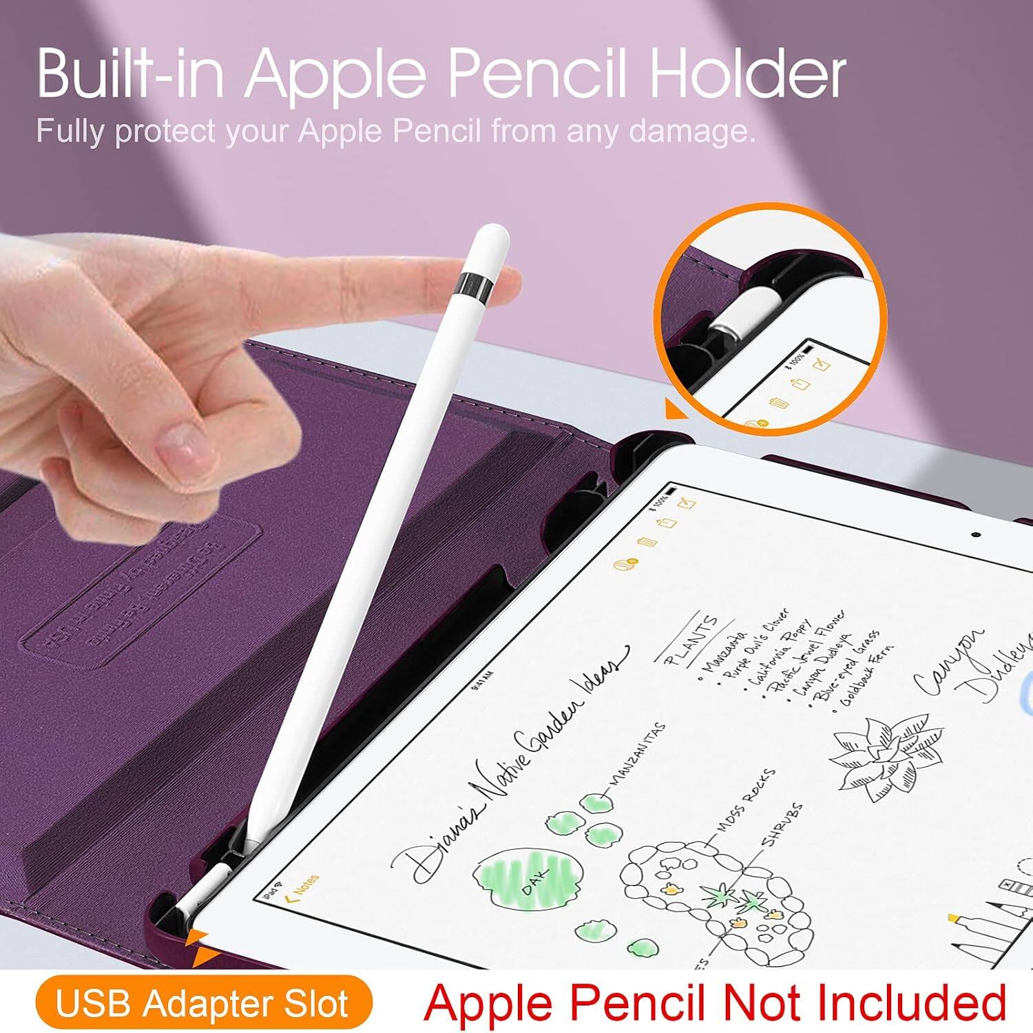 Built-in Apple Pencil Holder  
Fully protect your Apple Pencil from any damage.

USB Adapter Slot  
Apple Pencil Not Included